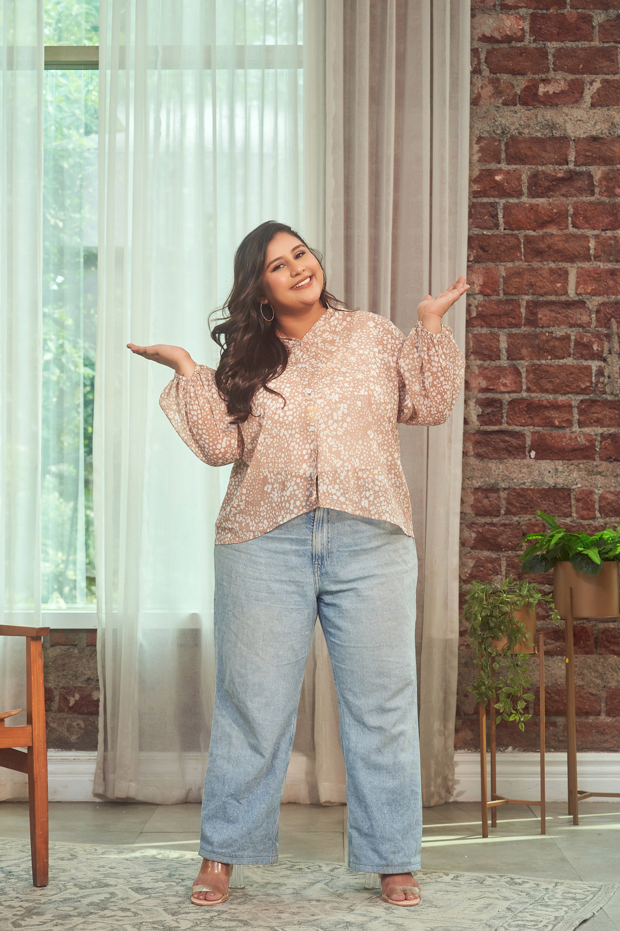 Coffee Printed Collared Georgette Shirt (ONLY SHIRT)