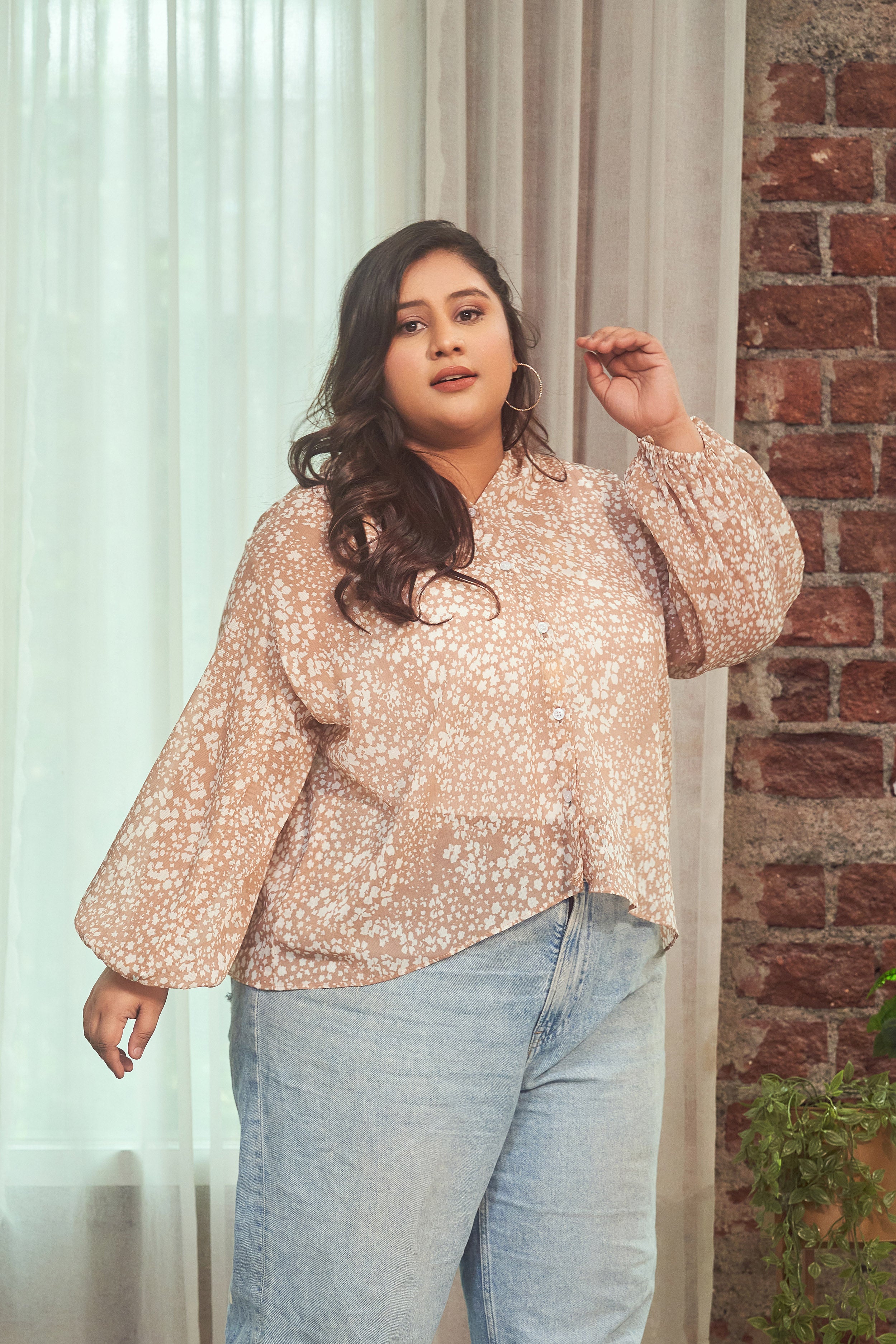 Coffee Printed Collared Georgette Shirt (ONLY SHIRT)