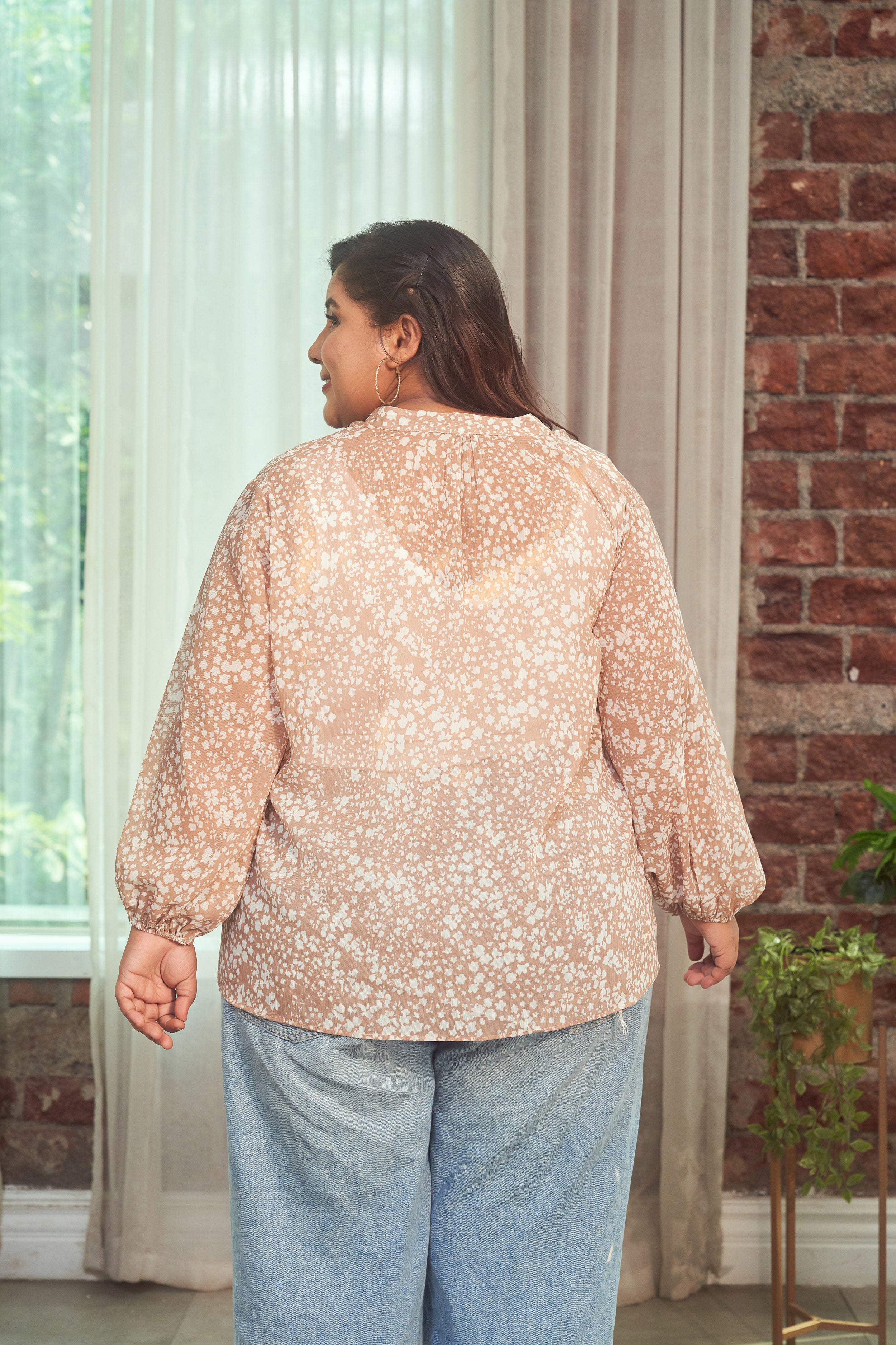 Coffee Printed Collared Georgette Shirt (ONLY SHIRT)