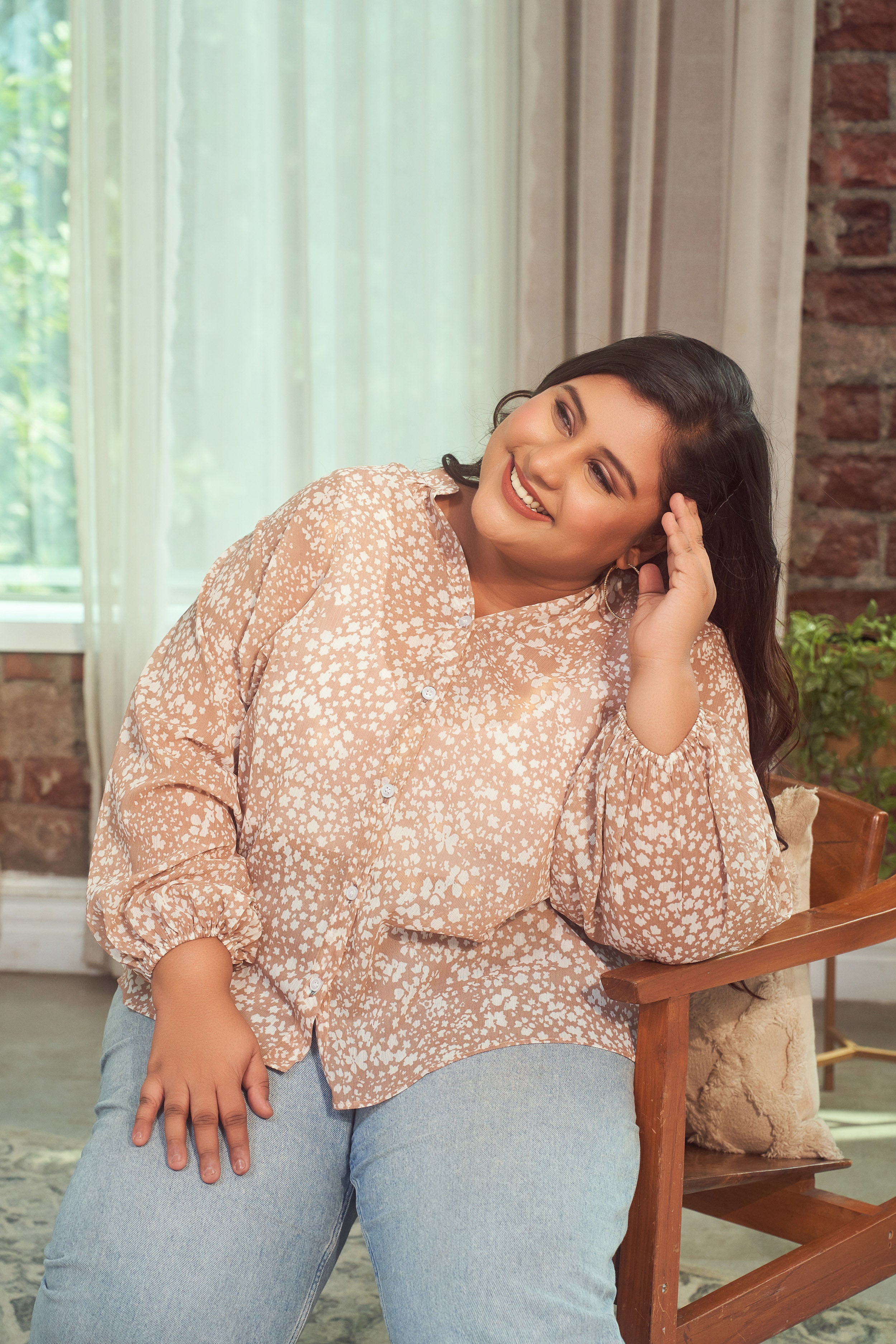 Coffee Printed Collared Georgette Shirt (ONLY SHIRT)