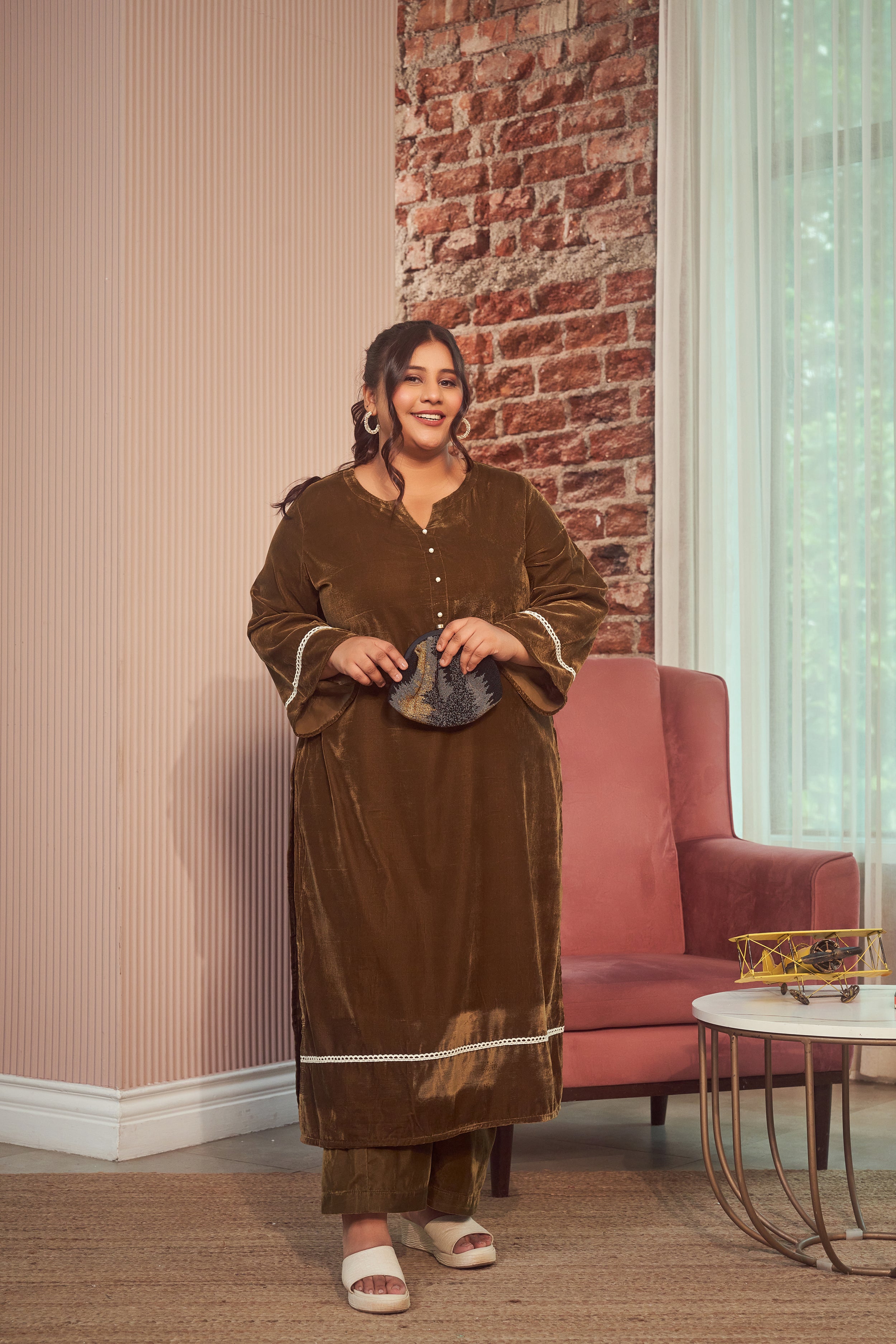 Olive Velvet Kurta Set - ( Set Of 2)