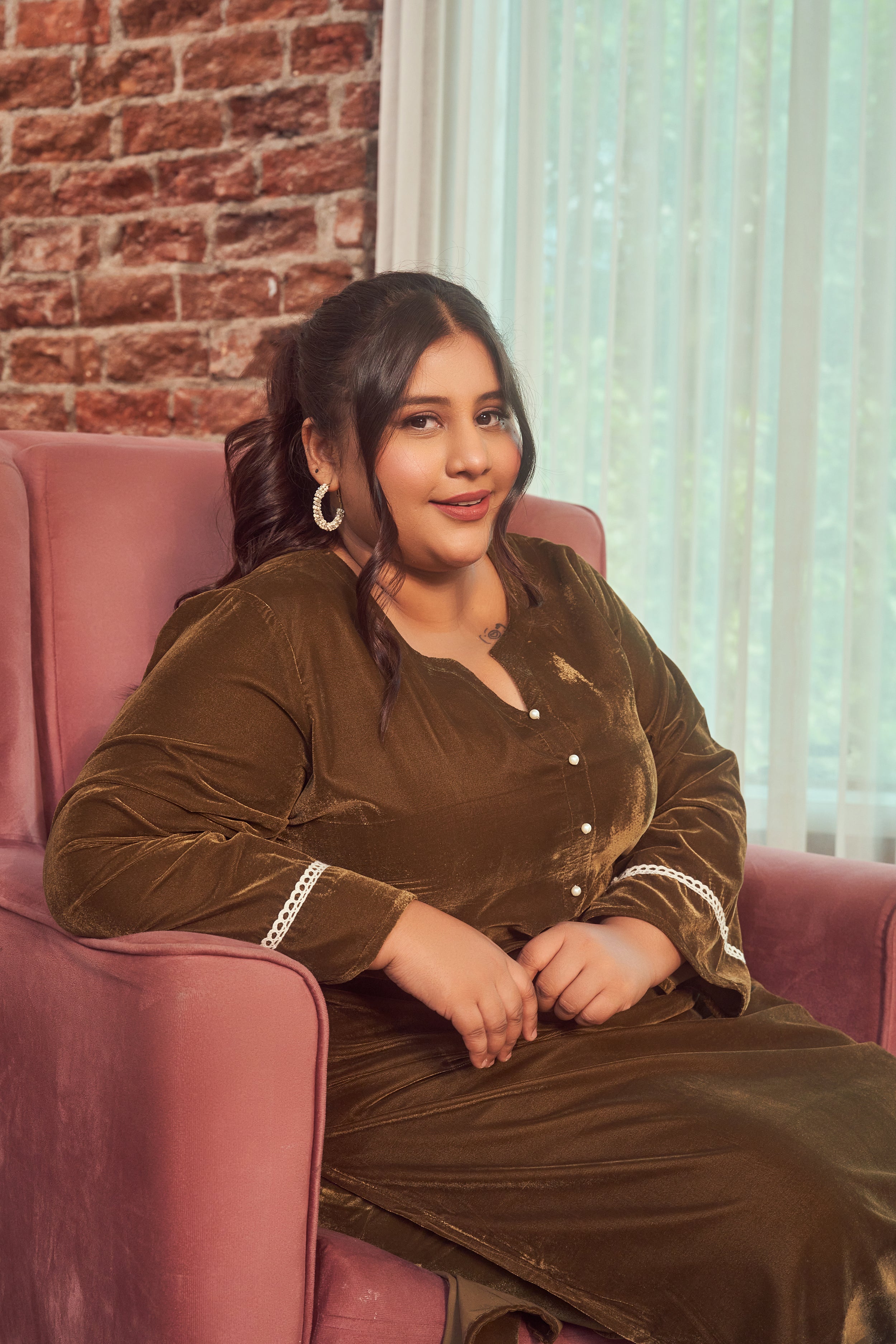 Olive Velvet Kurta Set - ( Set Of 2)