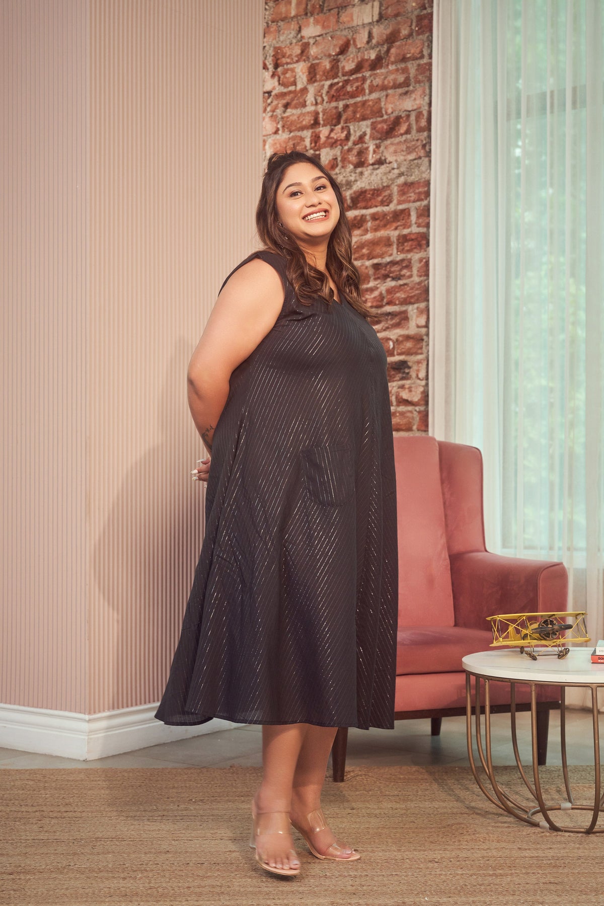 Black 100% Cotton Lurex Maxi Anti Fit Dress
