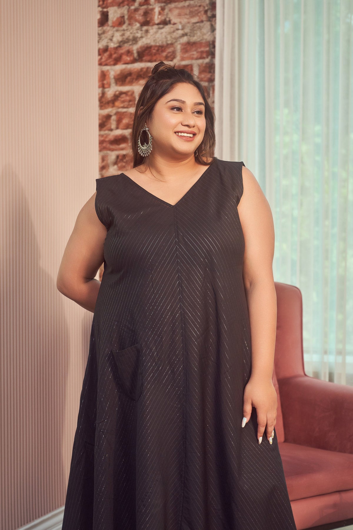 Black 100% Cotton Lurex Maxi Anti Fit Dress