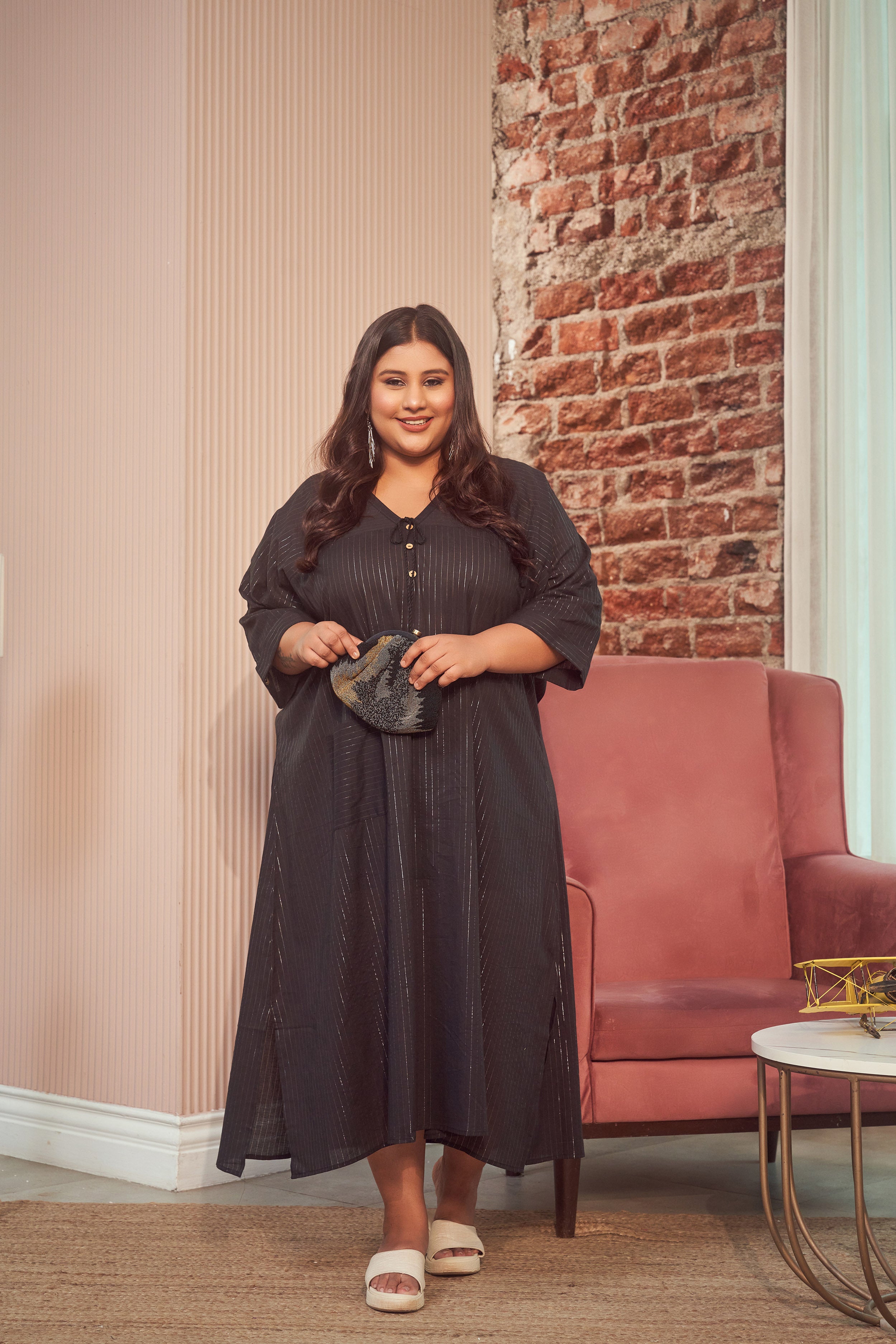 Black Cotton Lurex Silver Maxi Dress