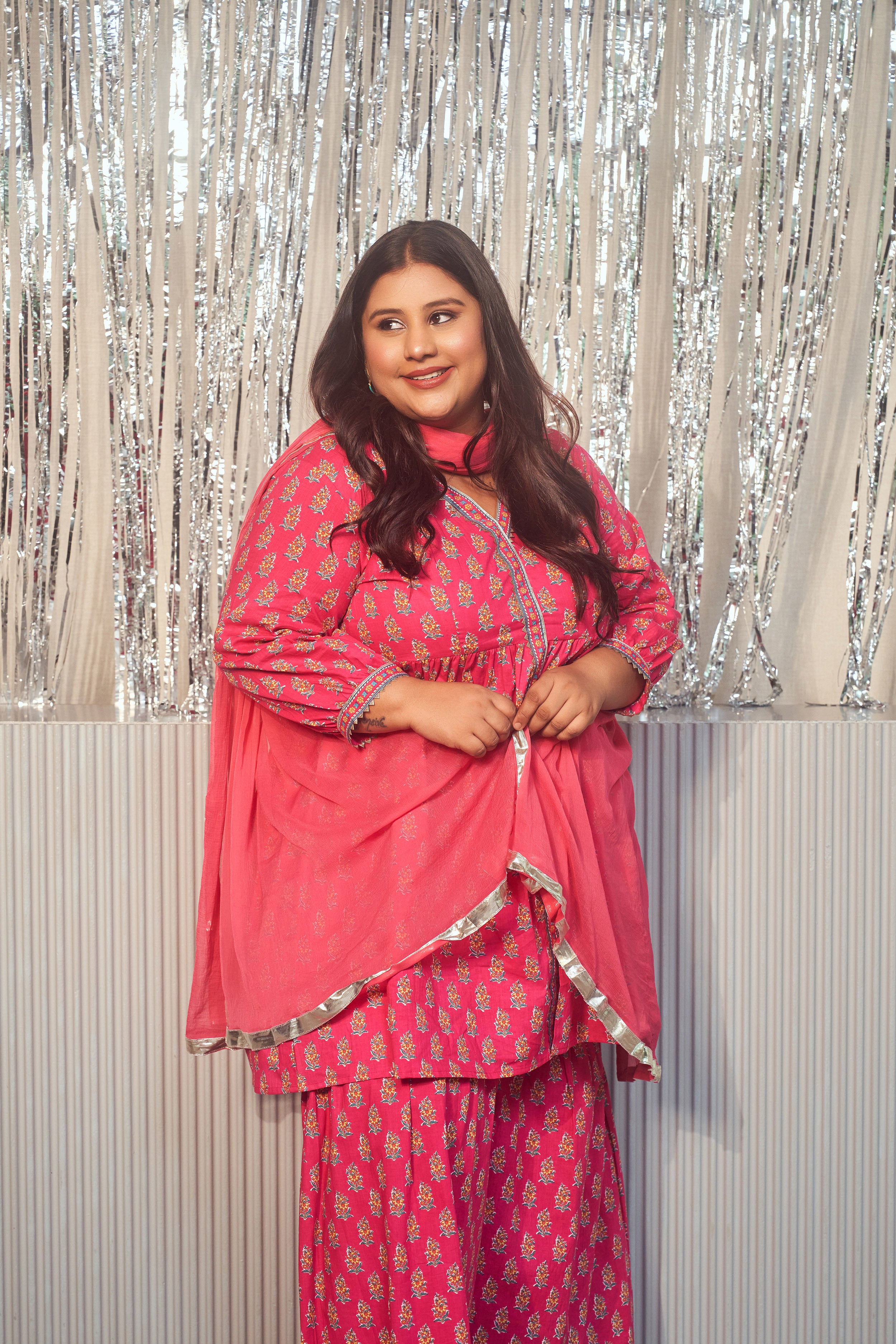 Pink Printed Cotton V-Neck Gota Sharara Set -(Set of 3)