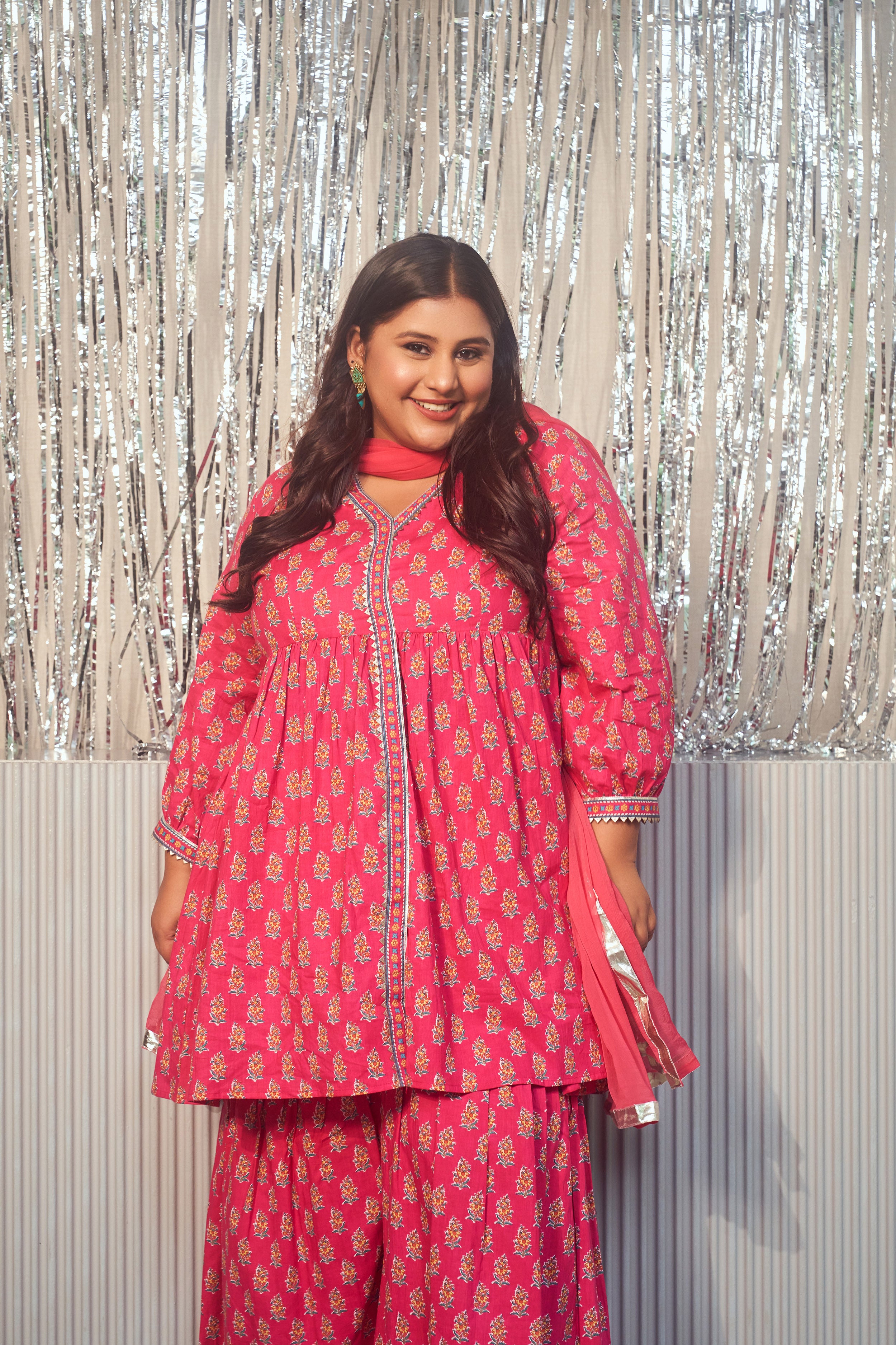 Pink Printed Cotton V-Neck Gota Sharara Set -(Set of 3)