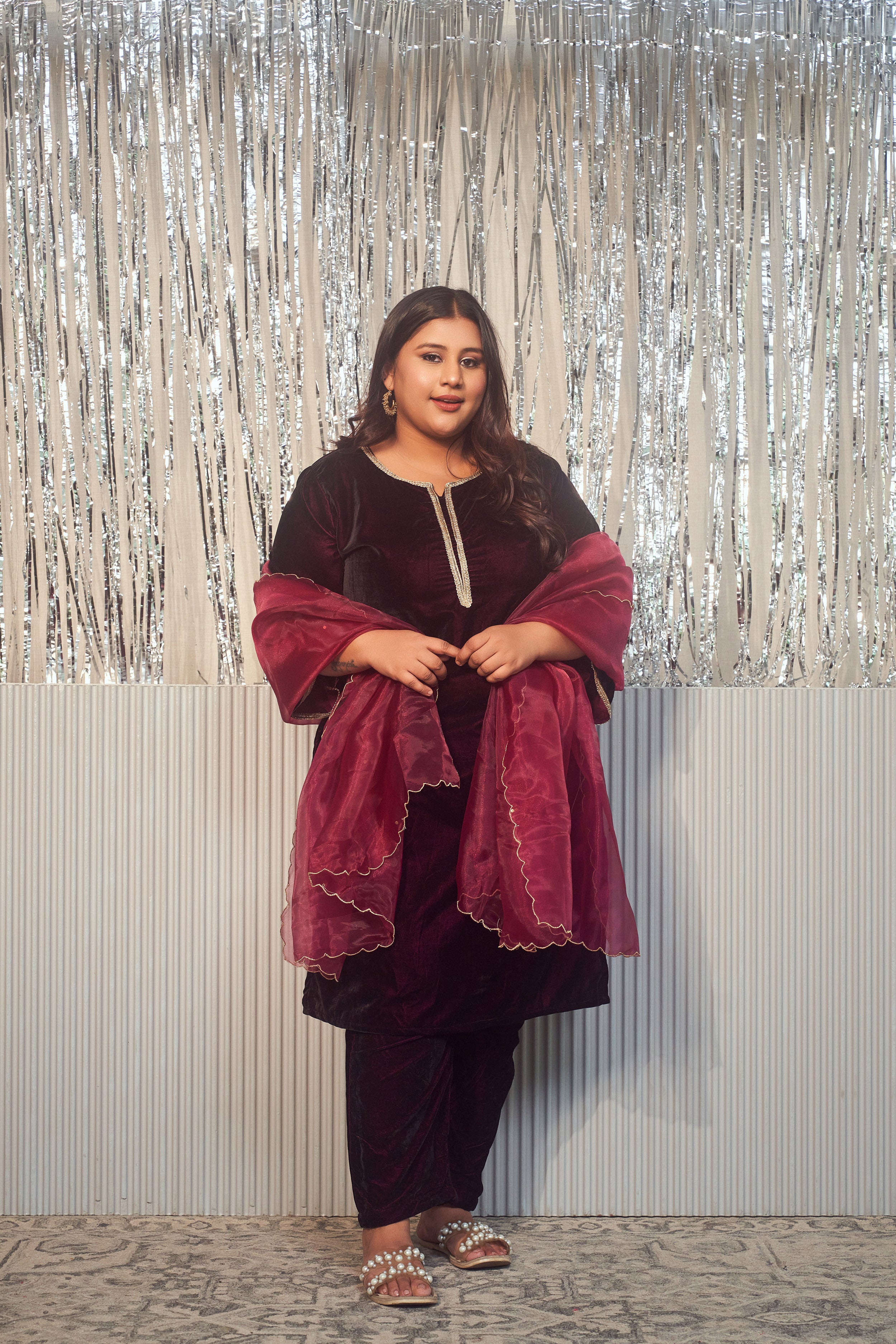 Wine Velvet Kurta Set (Set of 3)