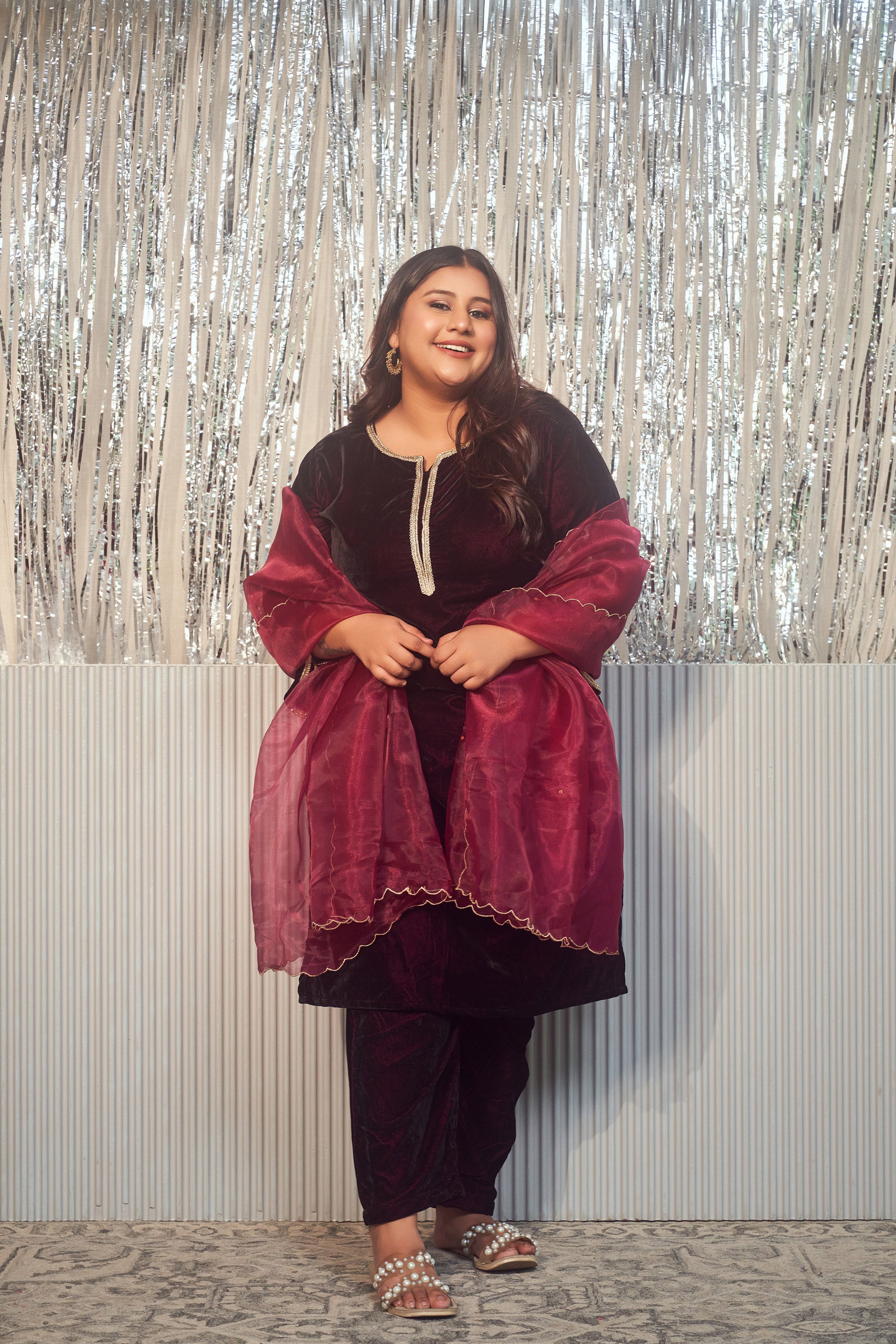 Wine Velvet Kurta Set (Set of 3)