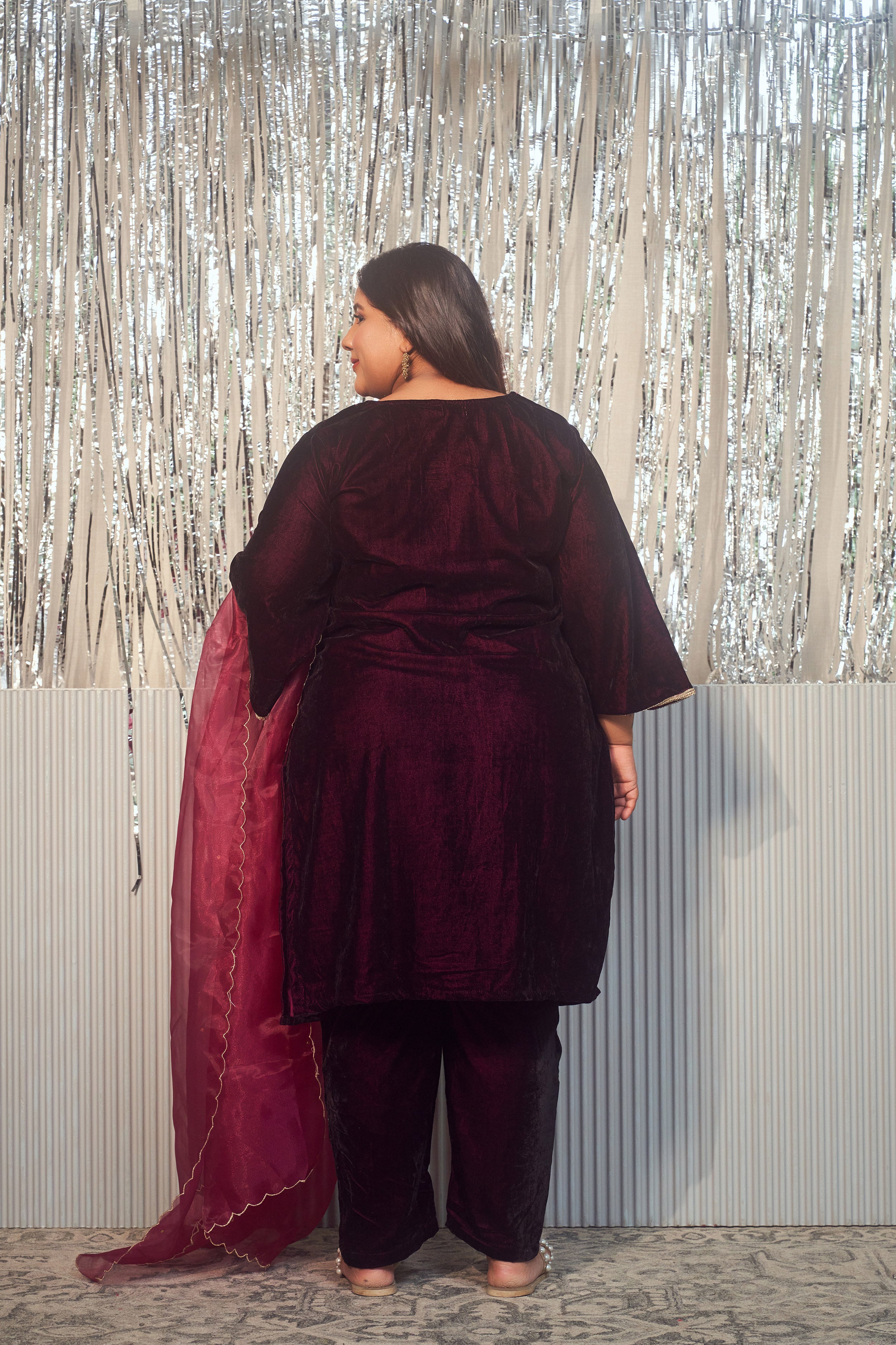 Wine Velvet Kurta Set - (Set of 3)