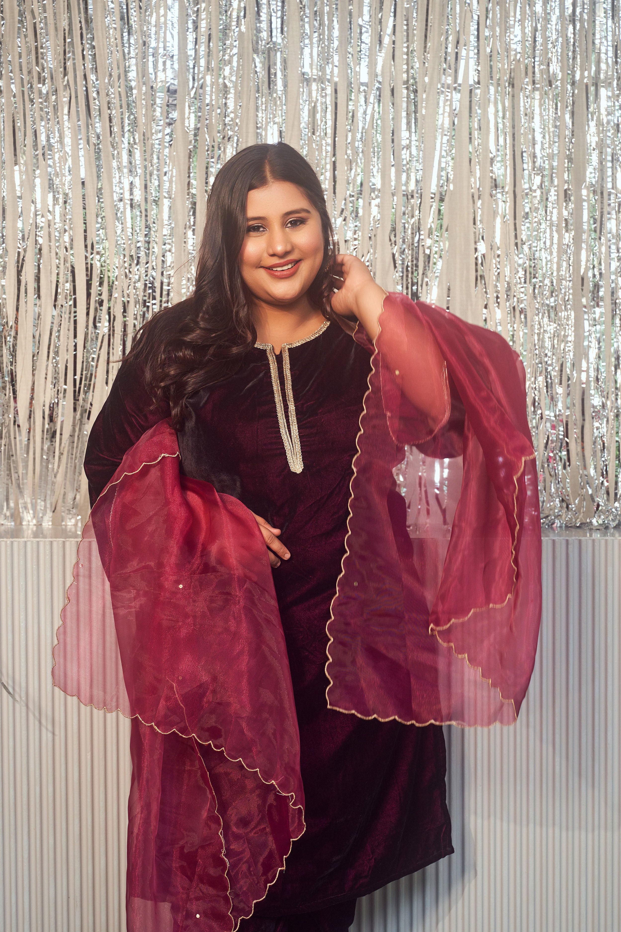 Wine Velvet Kurta Set (Set of 3)