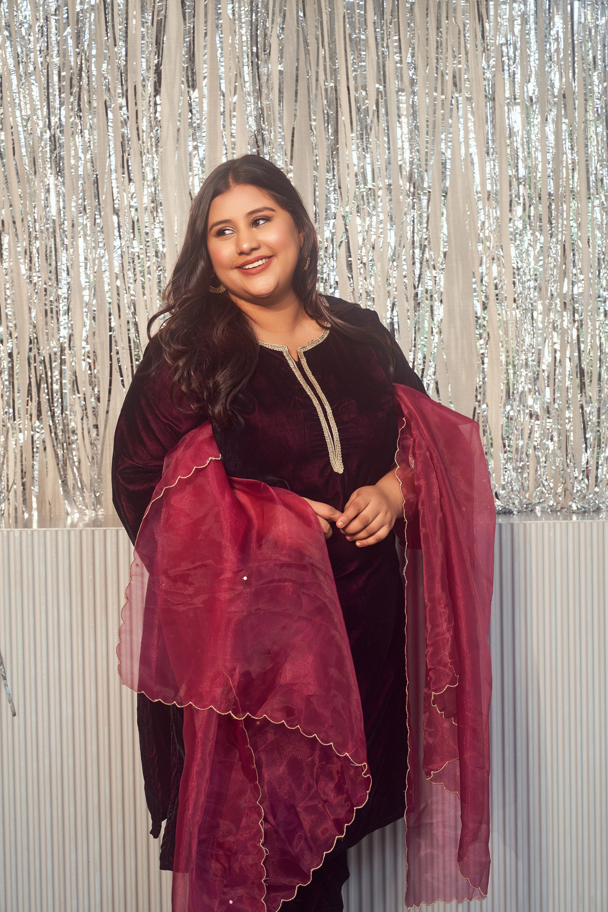 Wine Velvet Kurta Set - (Set of 3)