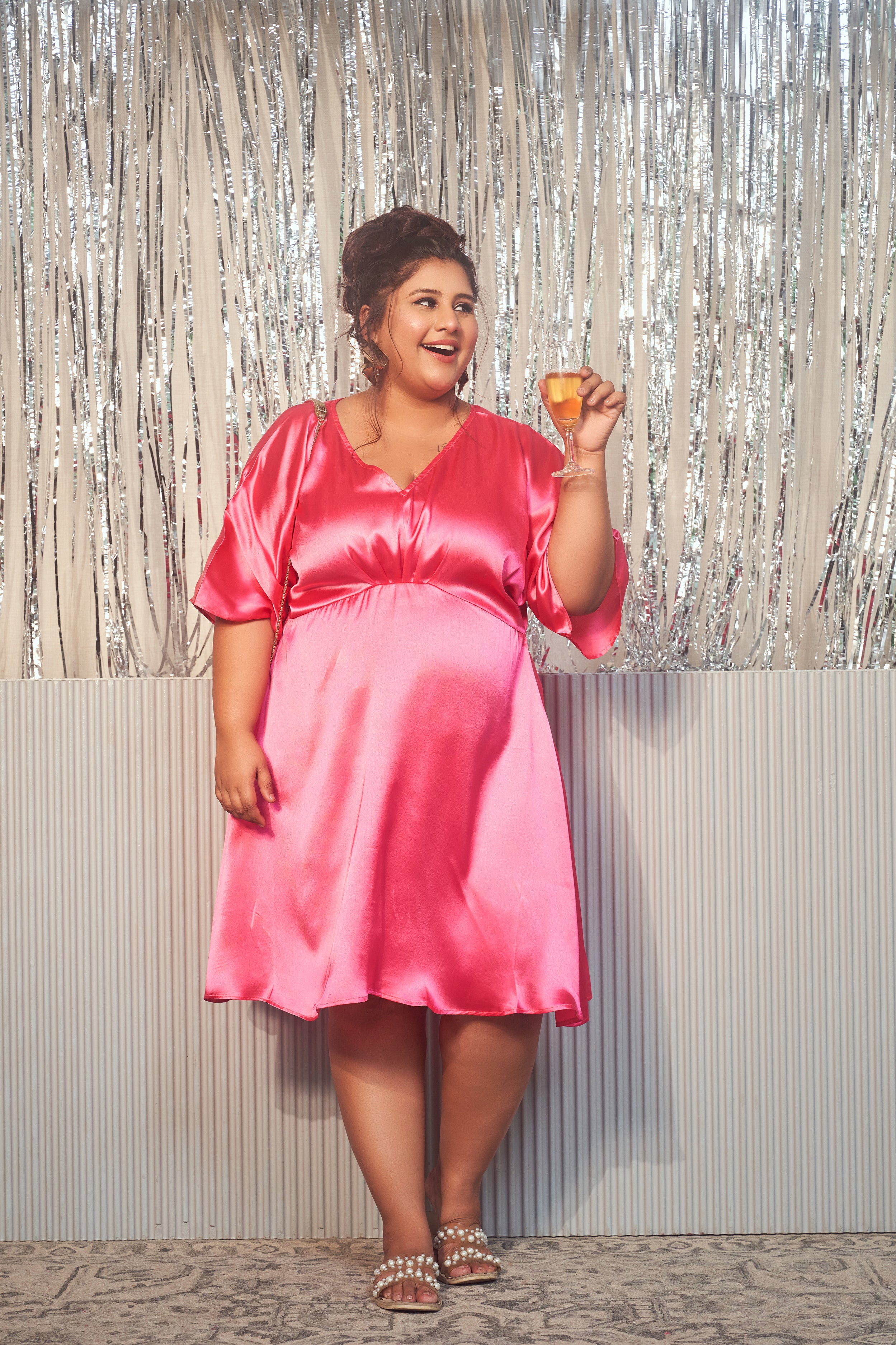 PINK SATIN KIMONO SLEEVE DRESS