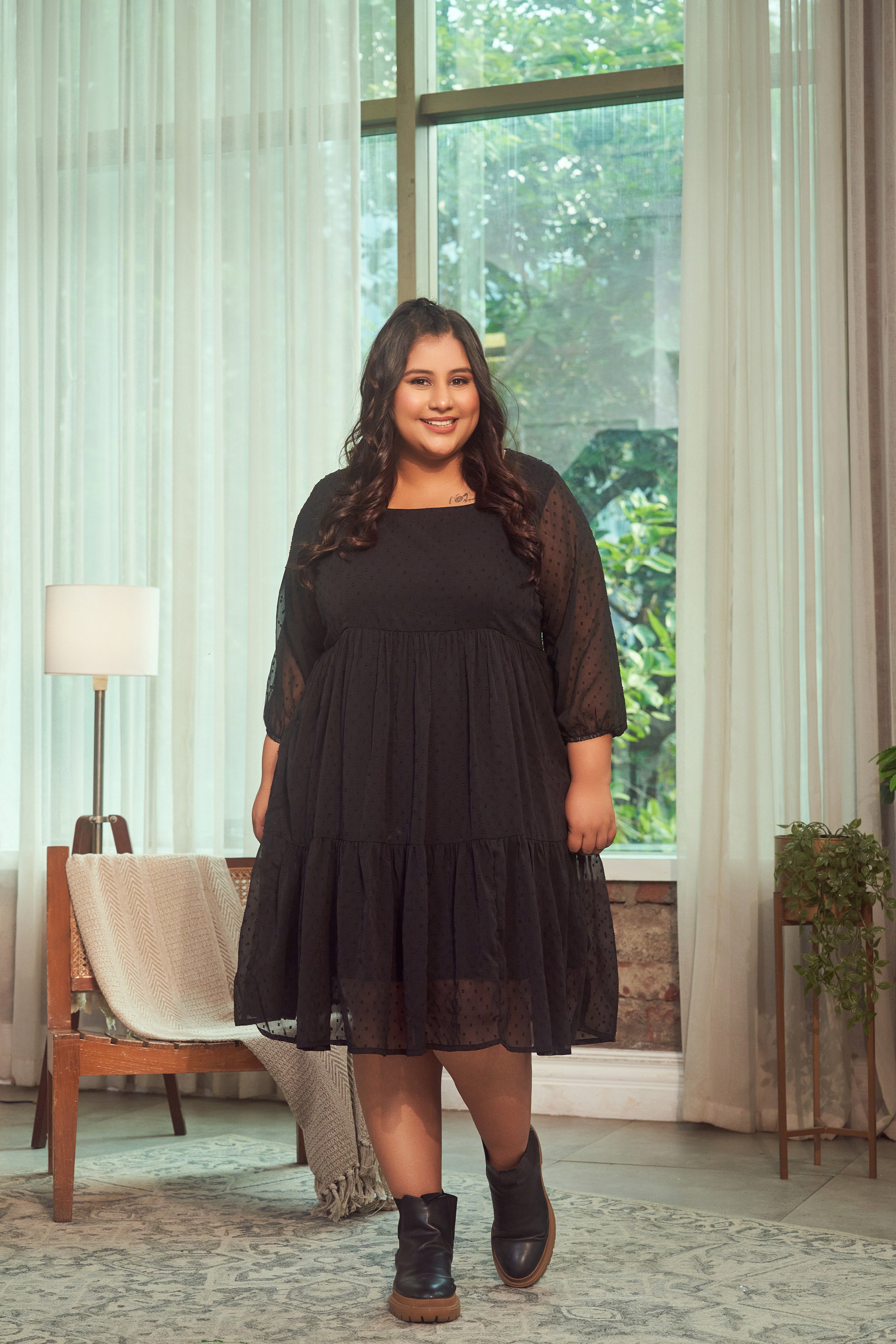 Black Georgette Tiered Short Dress
