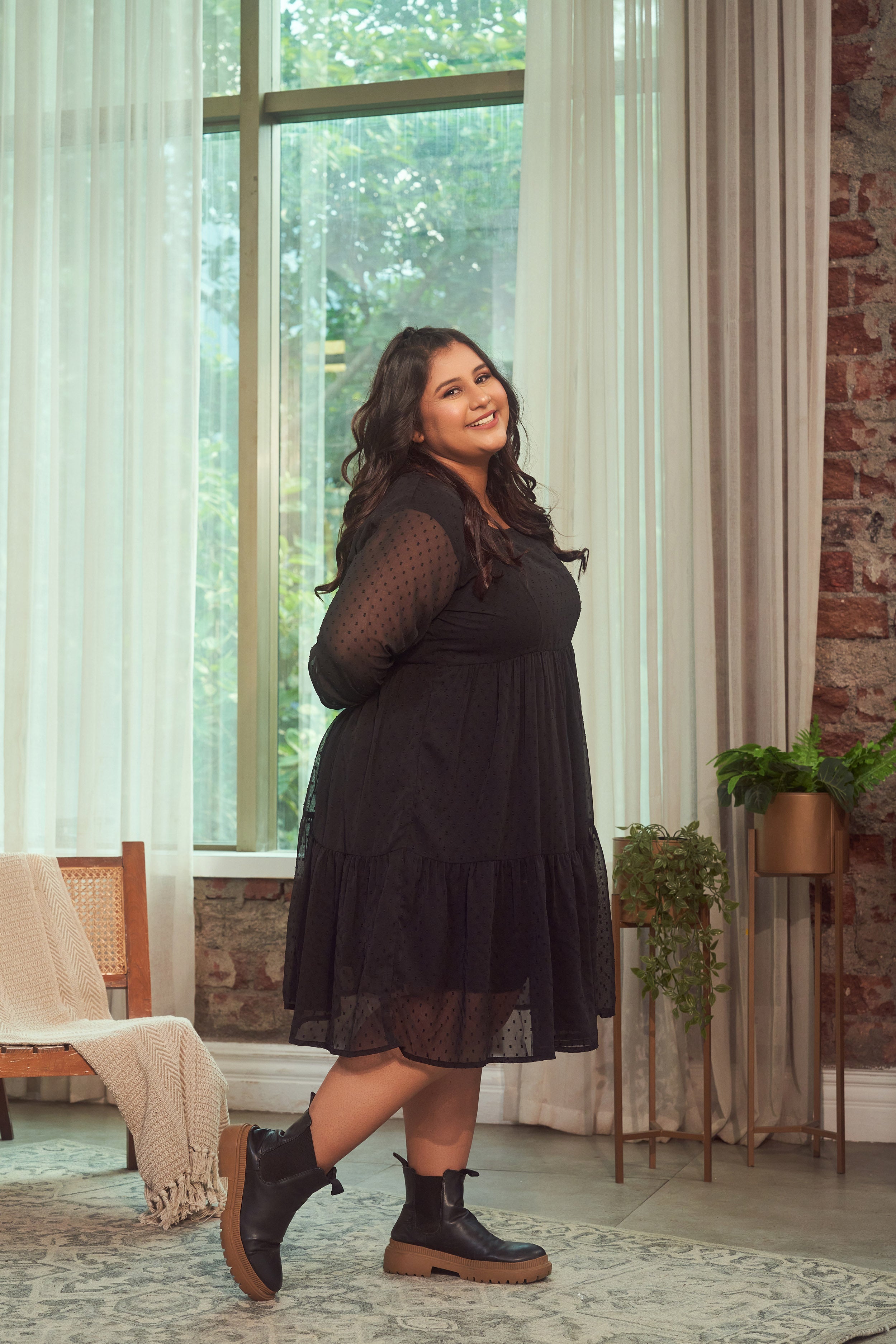 Black Georgette Tiered Short Dress