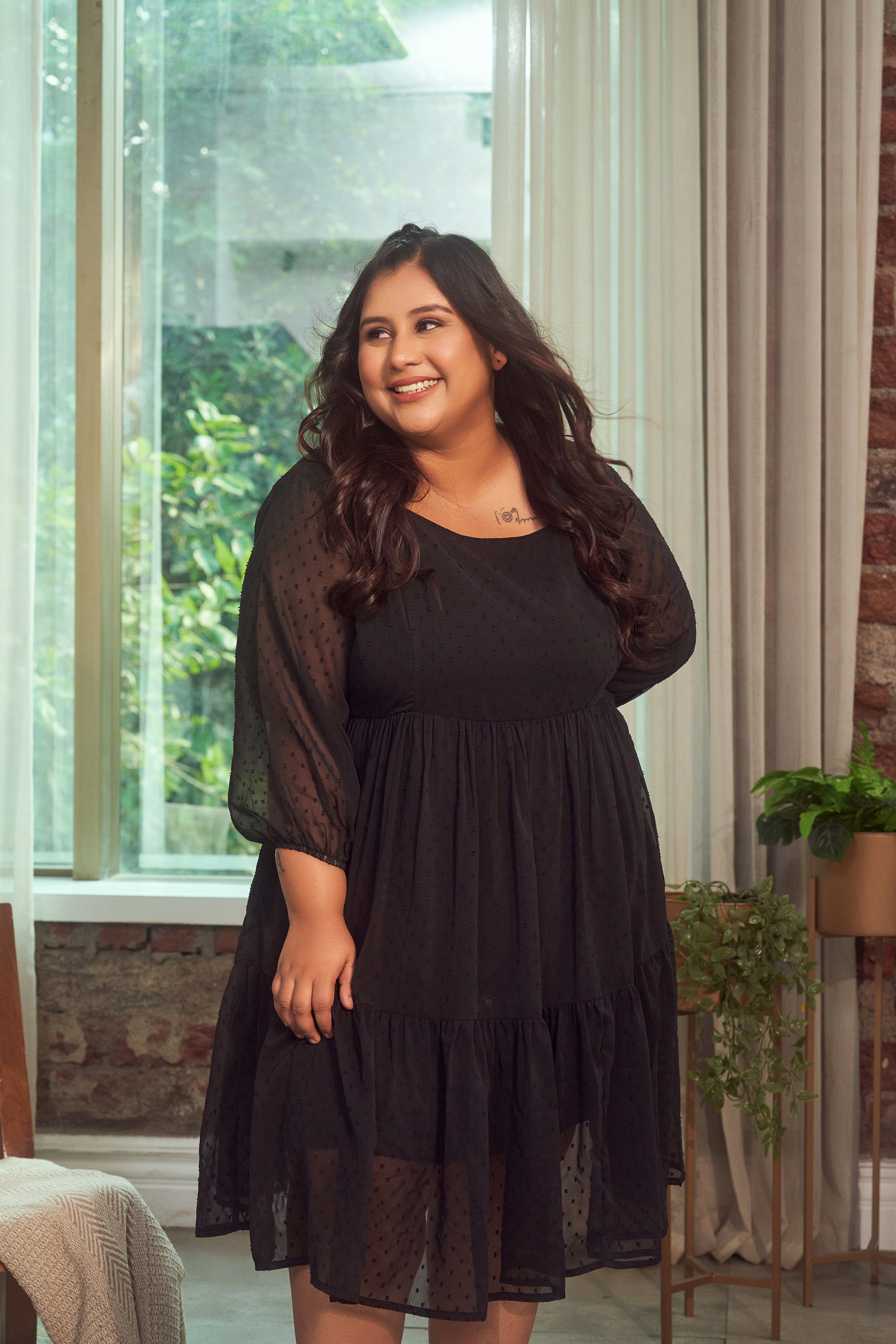 Black Georgette Tiered Short Dress