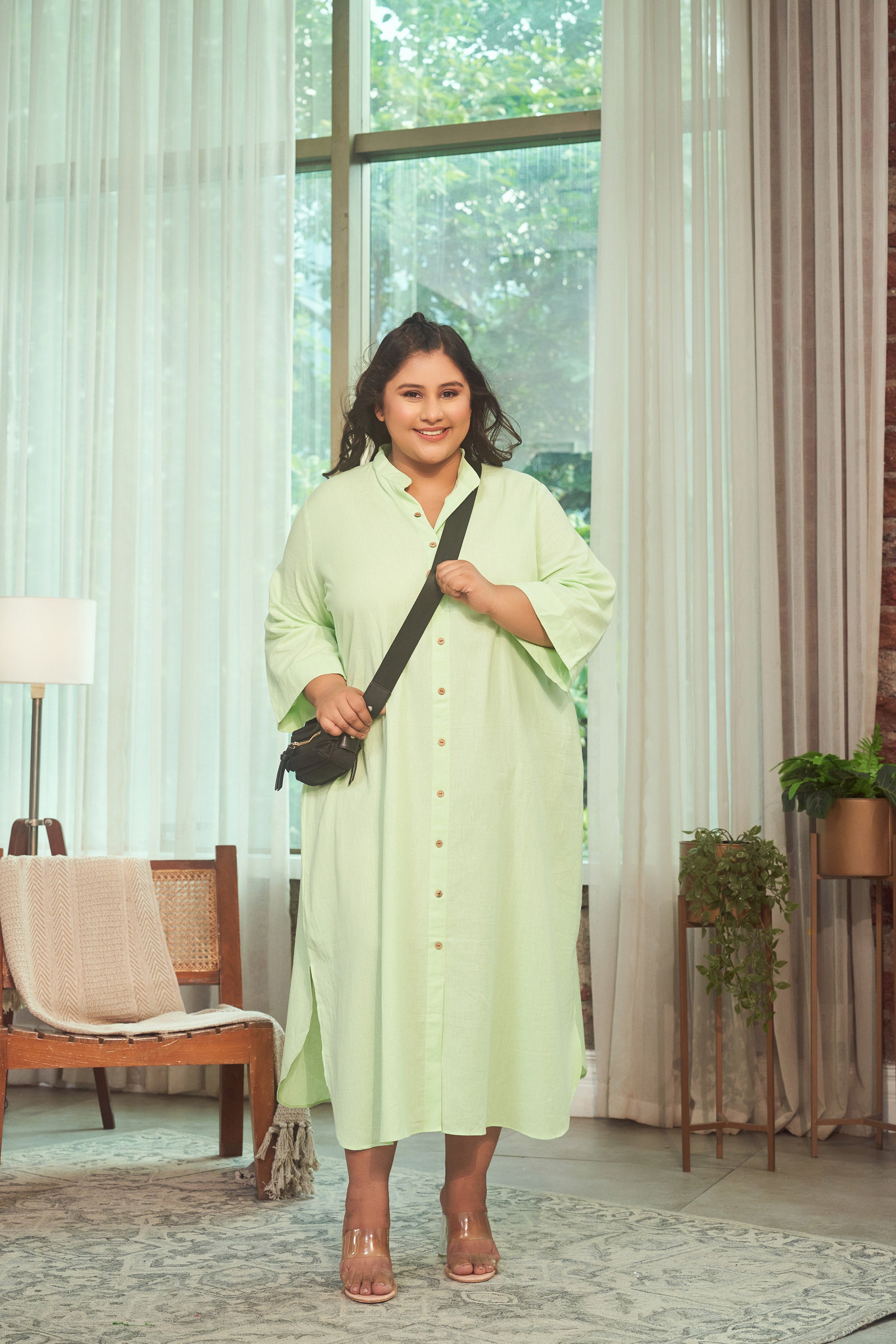 Mint Green Oversized button down Linen Maxi Dress