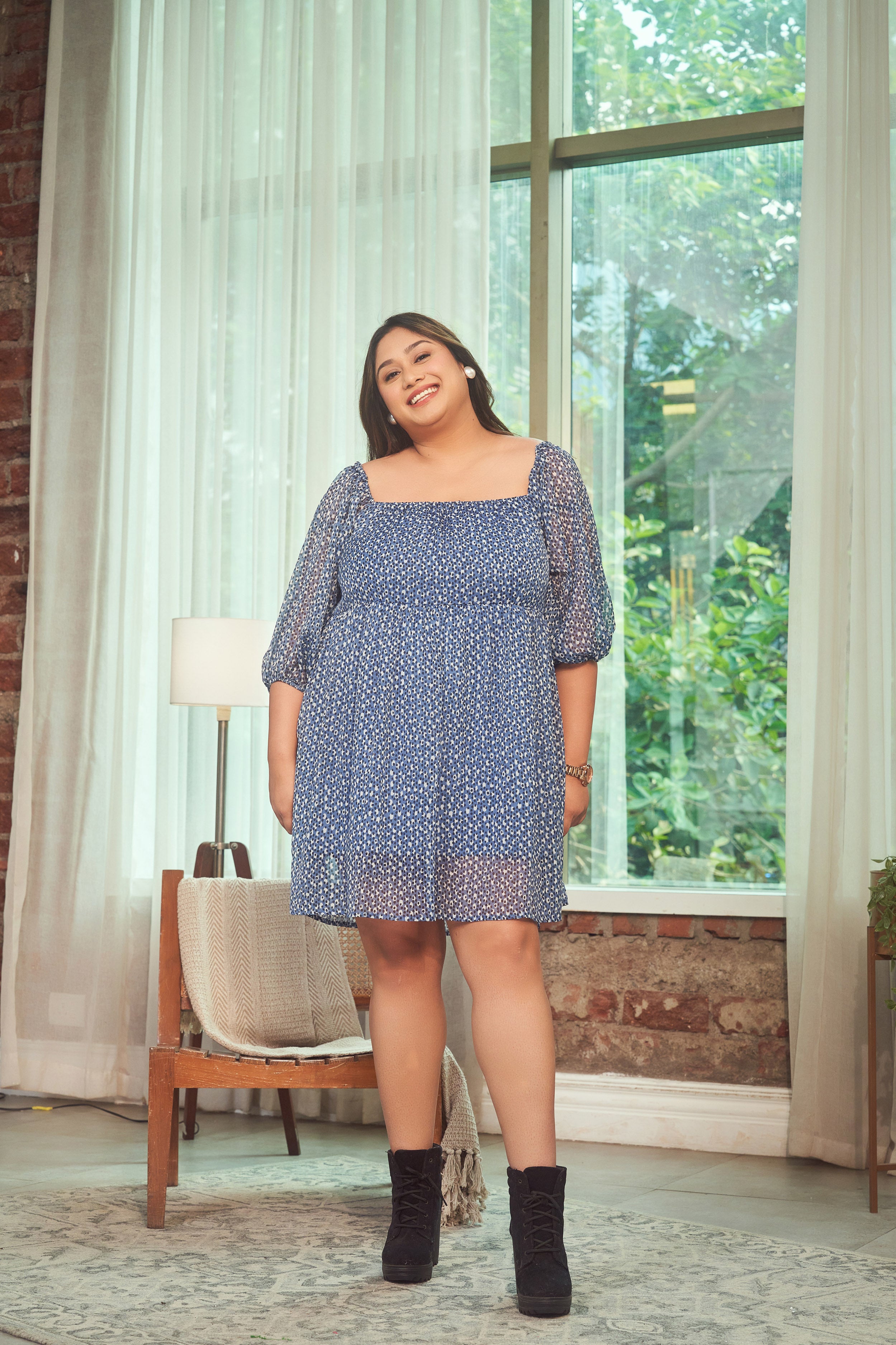 Blue Printed Georgette Short Dress