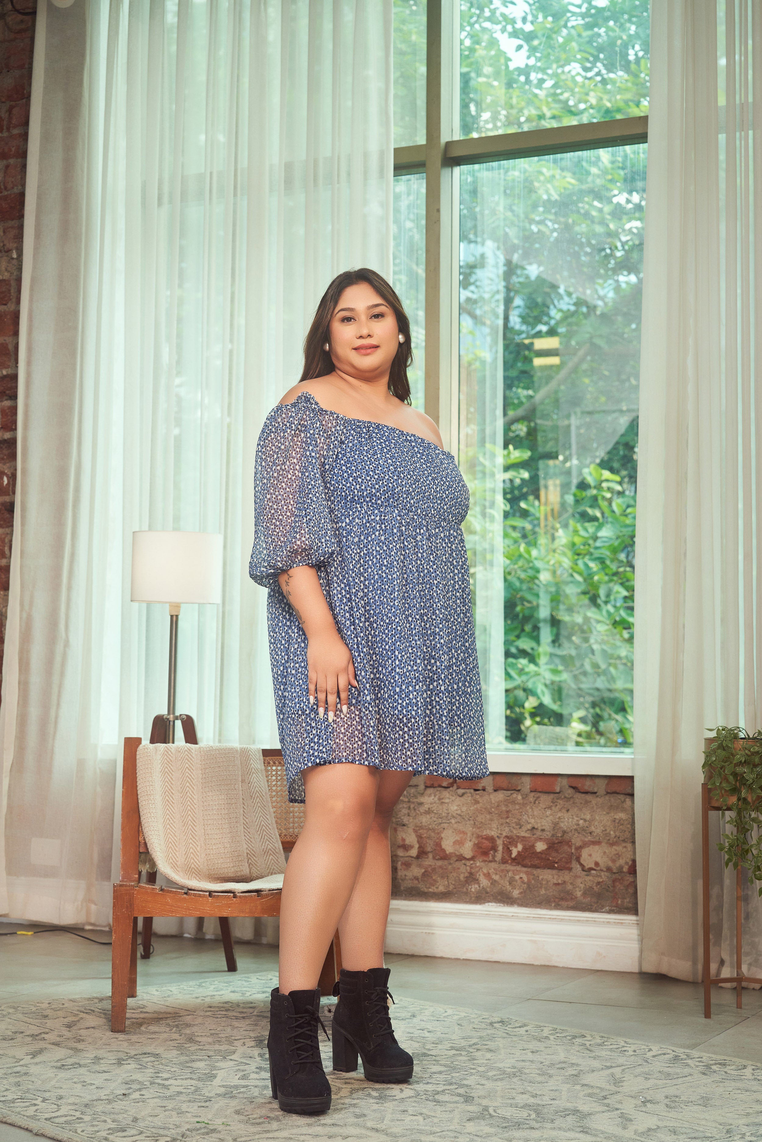 Blue Printed Georgette Short Dress