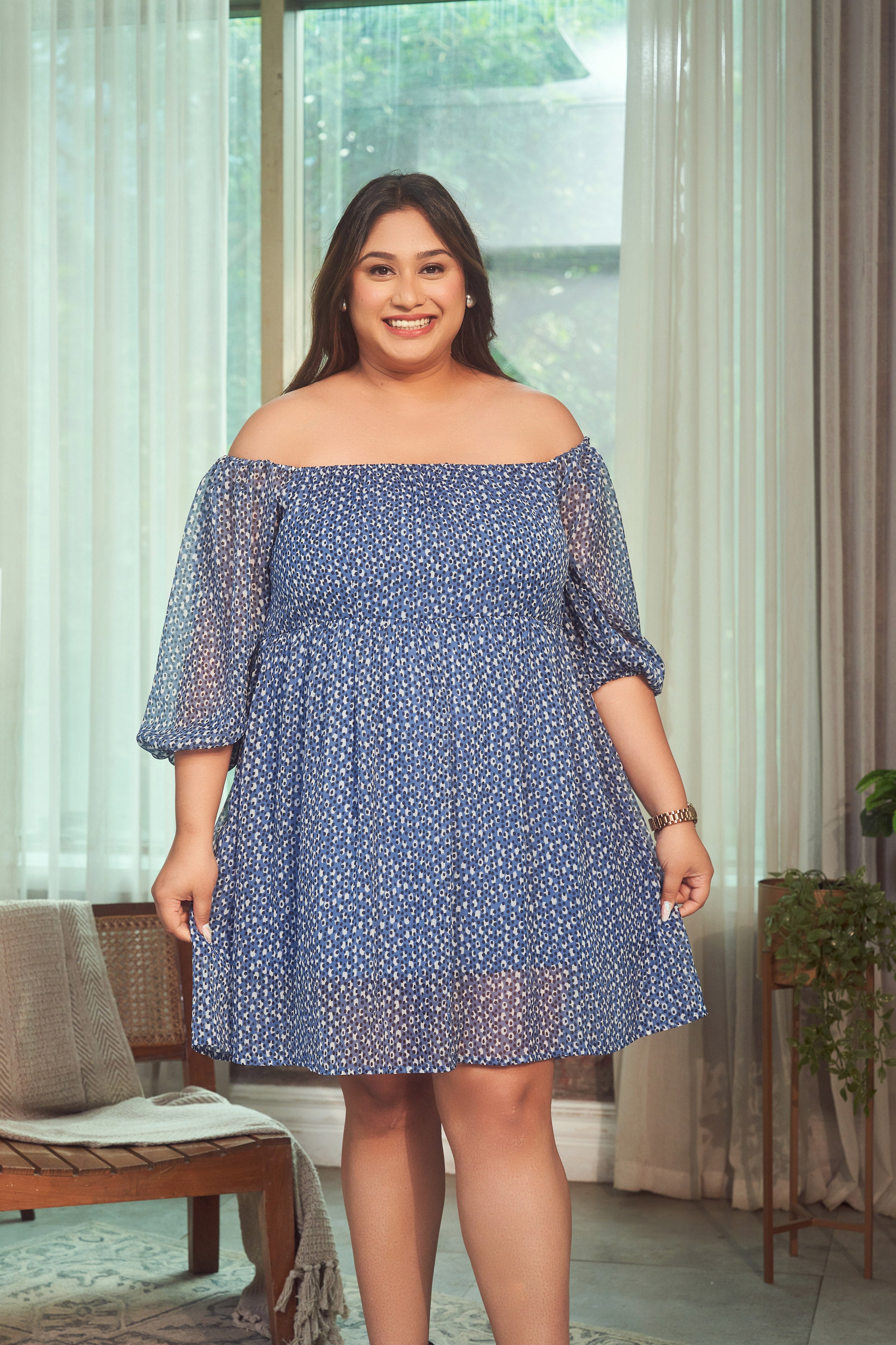 Blue Printed Georgette Short Dress