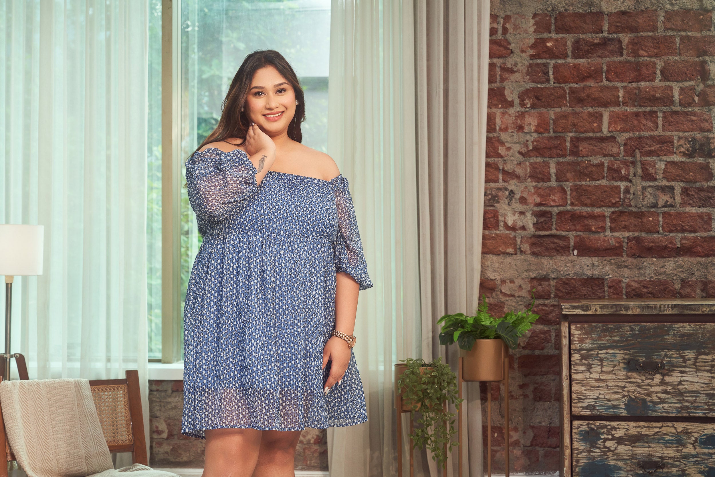 Blue Printed Georgette Short Dress