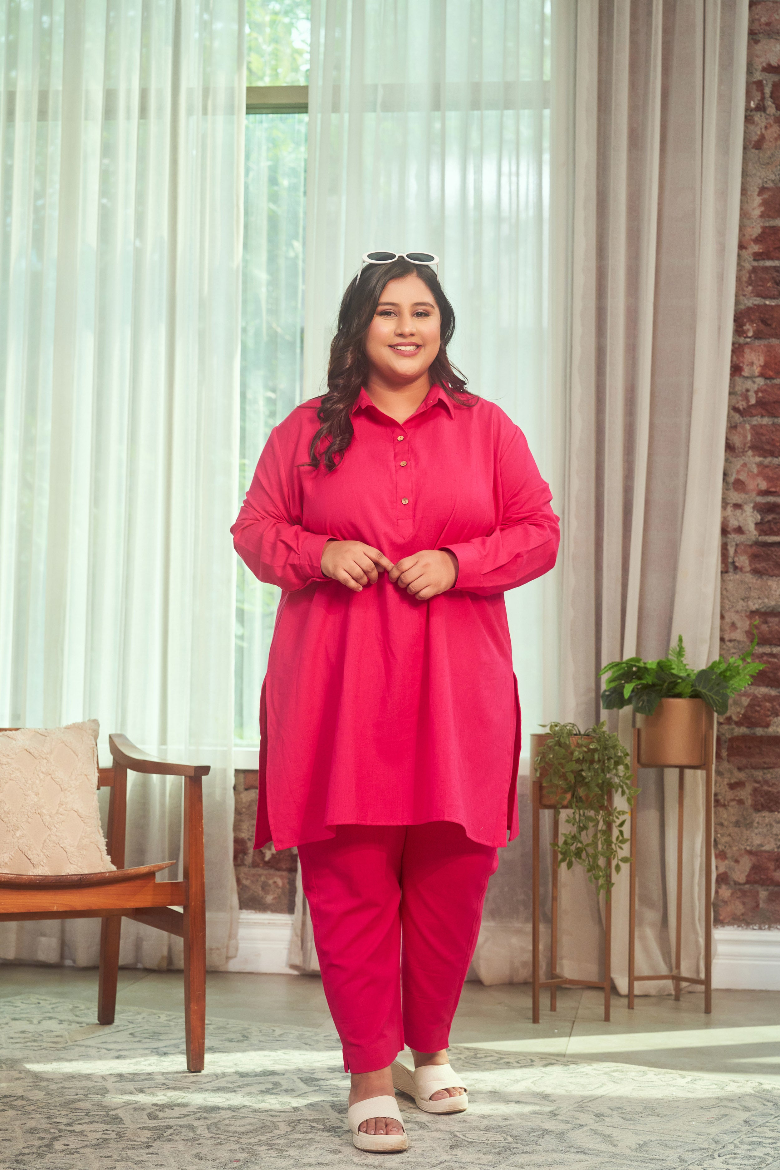 Hot Pink Collared Linen Co-ord Set