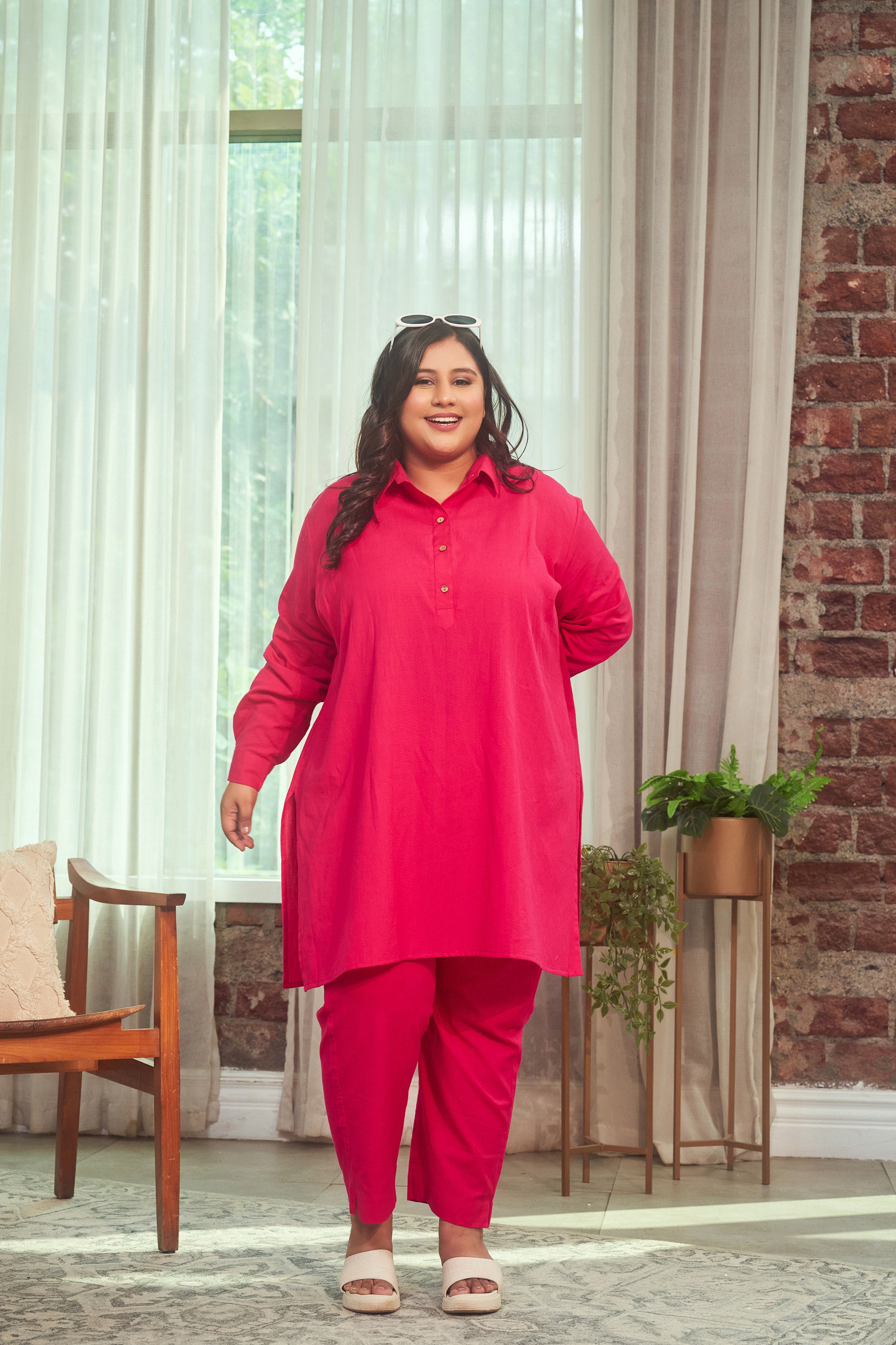 Hot Pink Collared Linen Co-ord Set