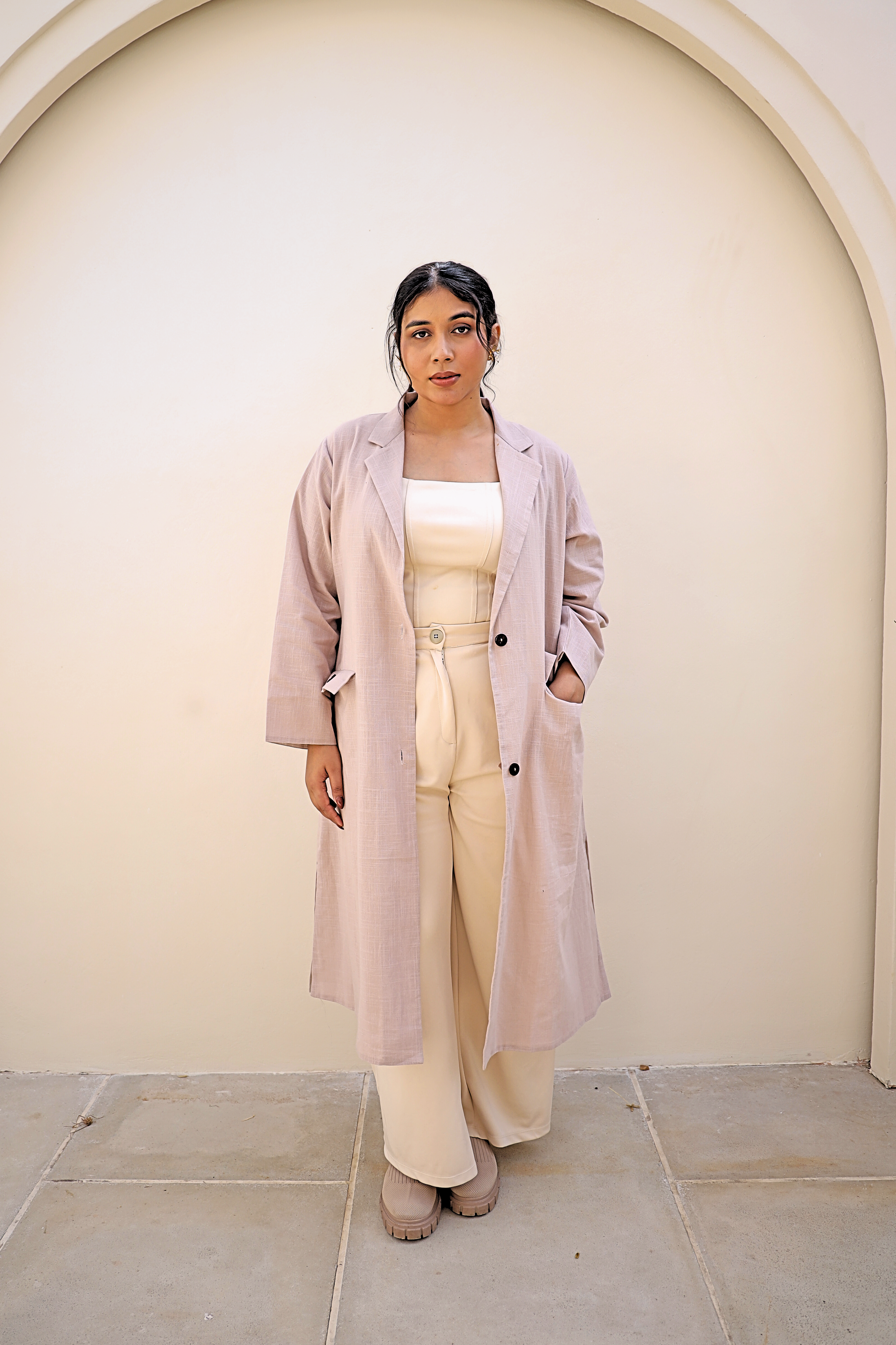 Tailored Dust Pink Cotton Slub Longline Blazer