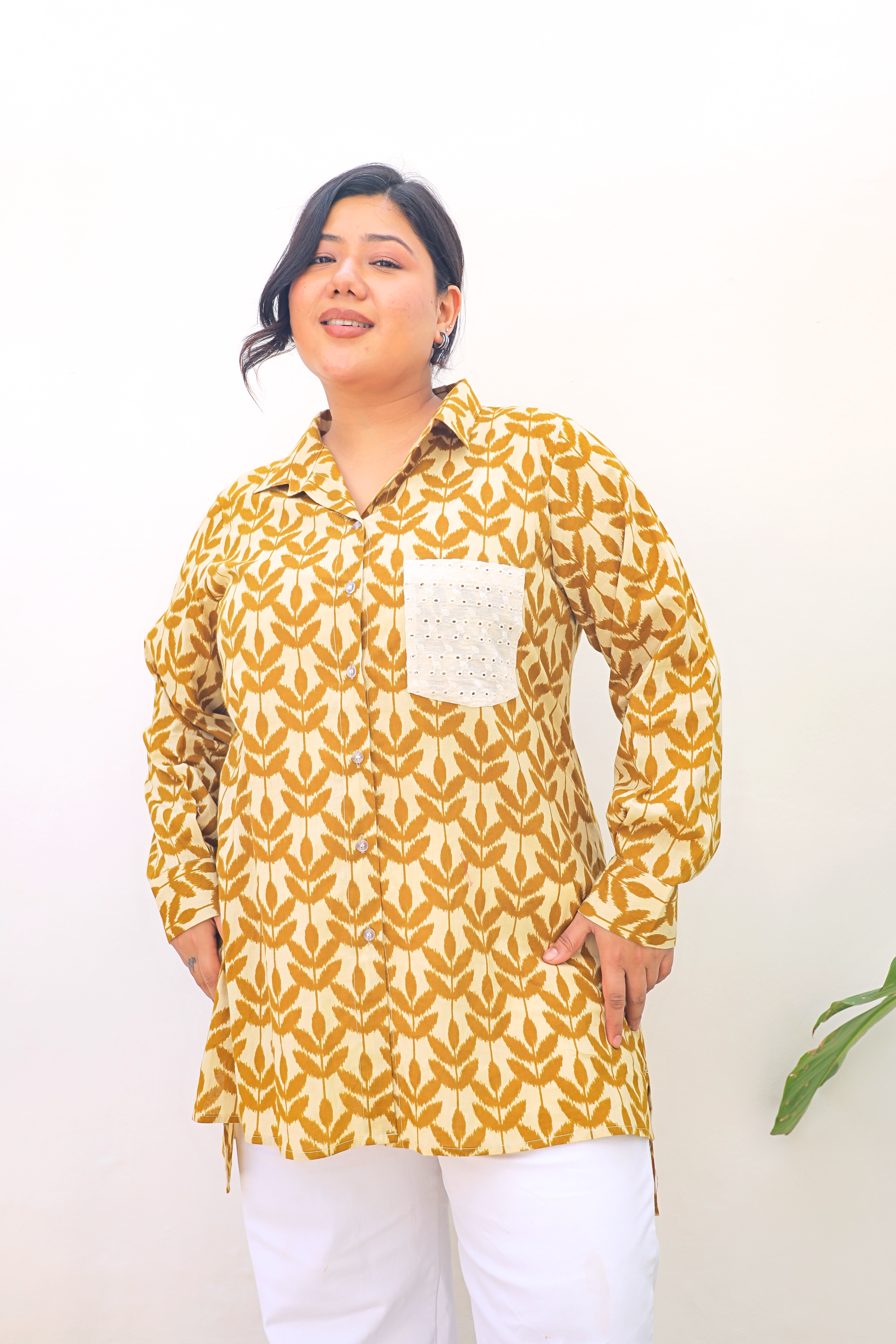 Printed Cambric Cotton Longline Shacket – Mustard Leaf