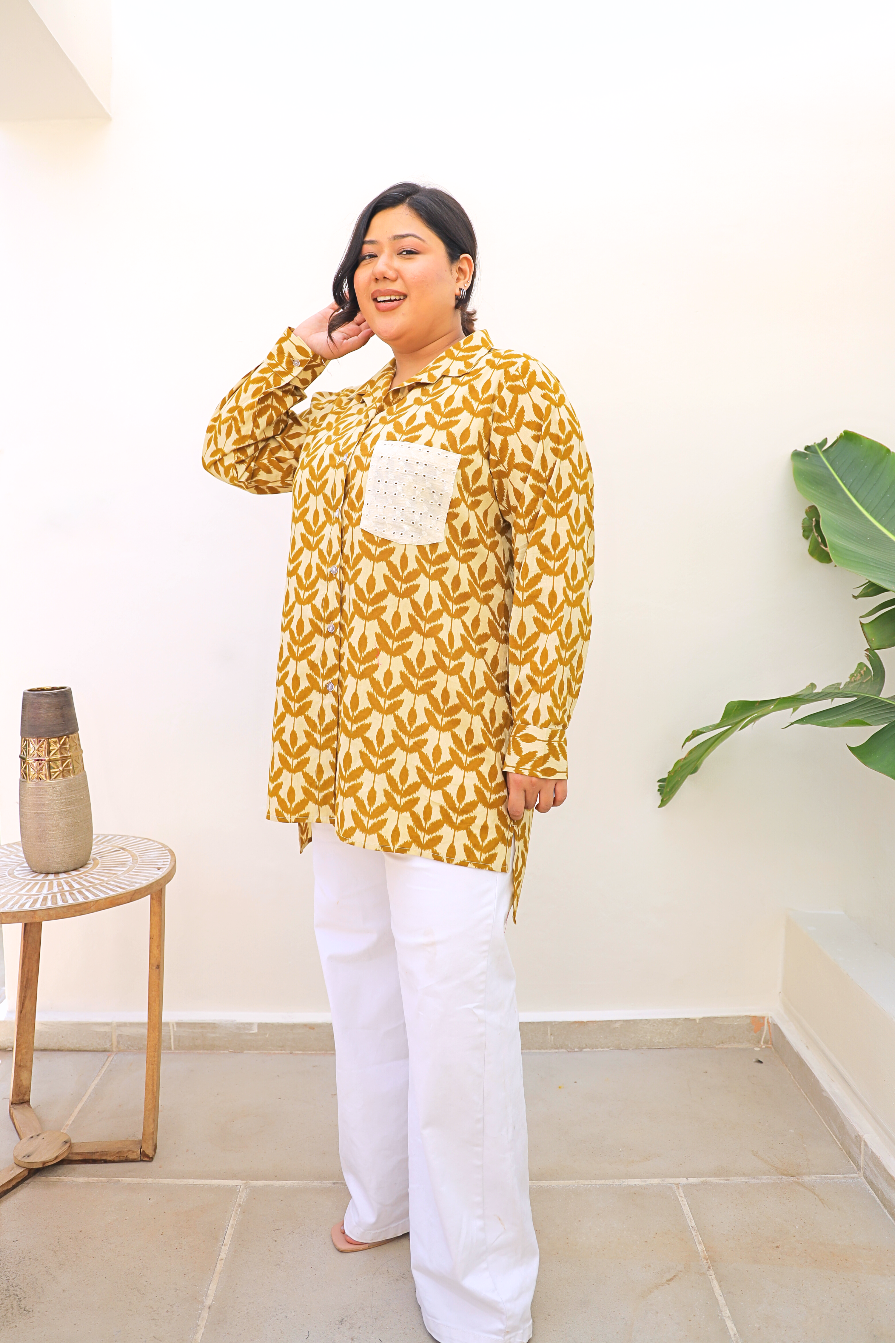 Printed Cambric Cotton Longline Shacket – Mustard Leaf