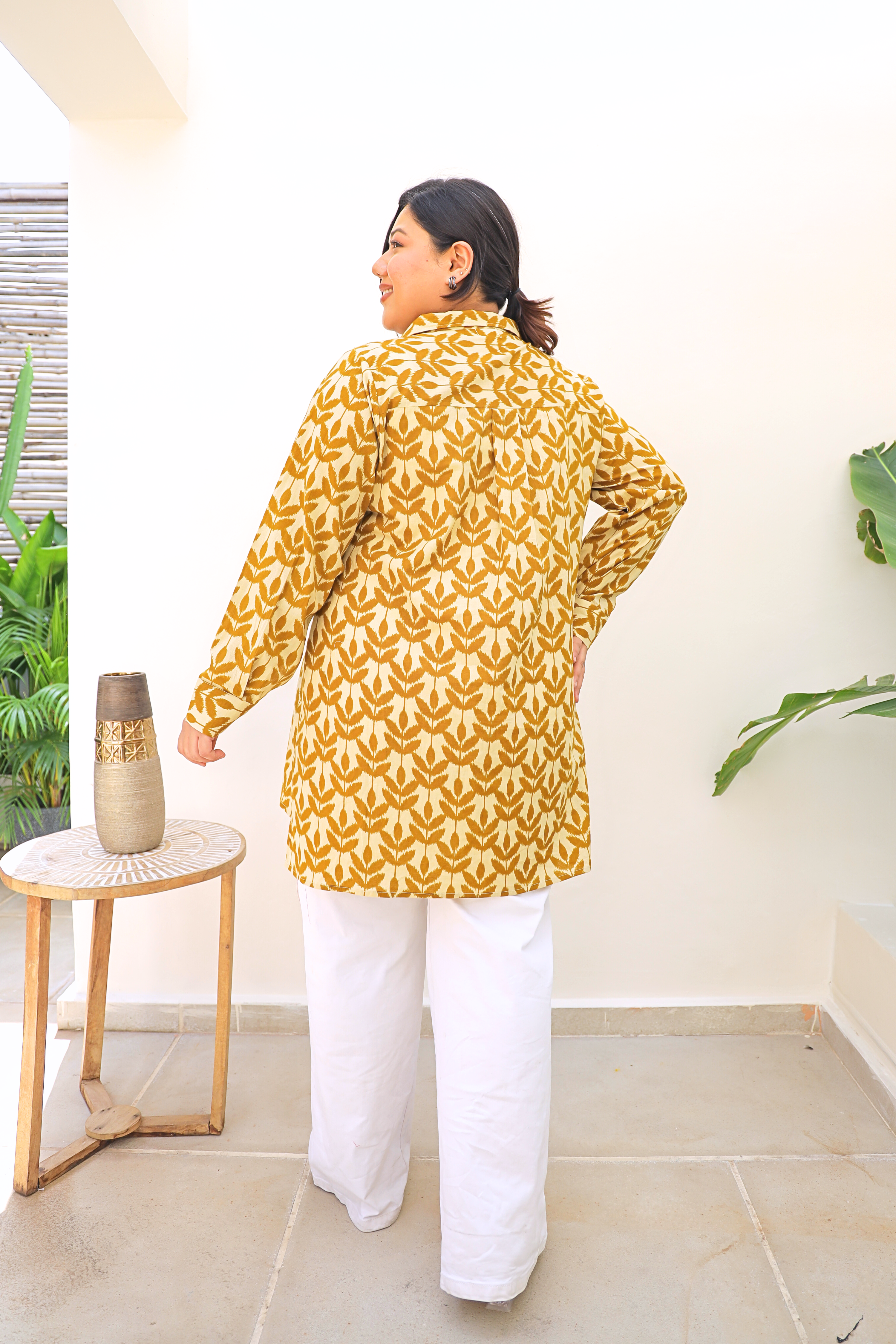Printed Cambric Cotton Longline Shacket – Mustard Leaf