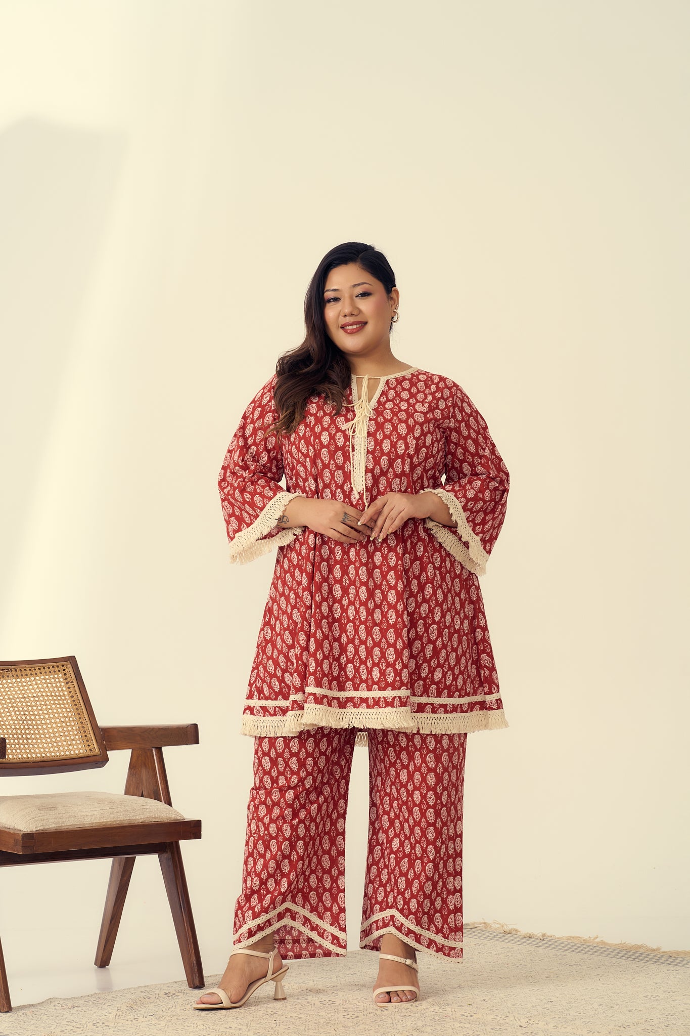 Red Boho Co-ord Set With Fringe Detailing