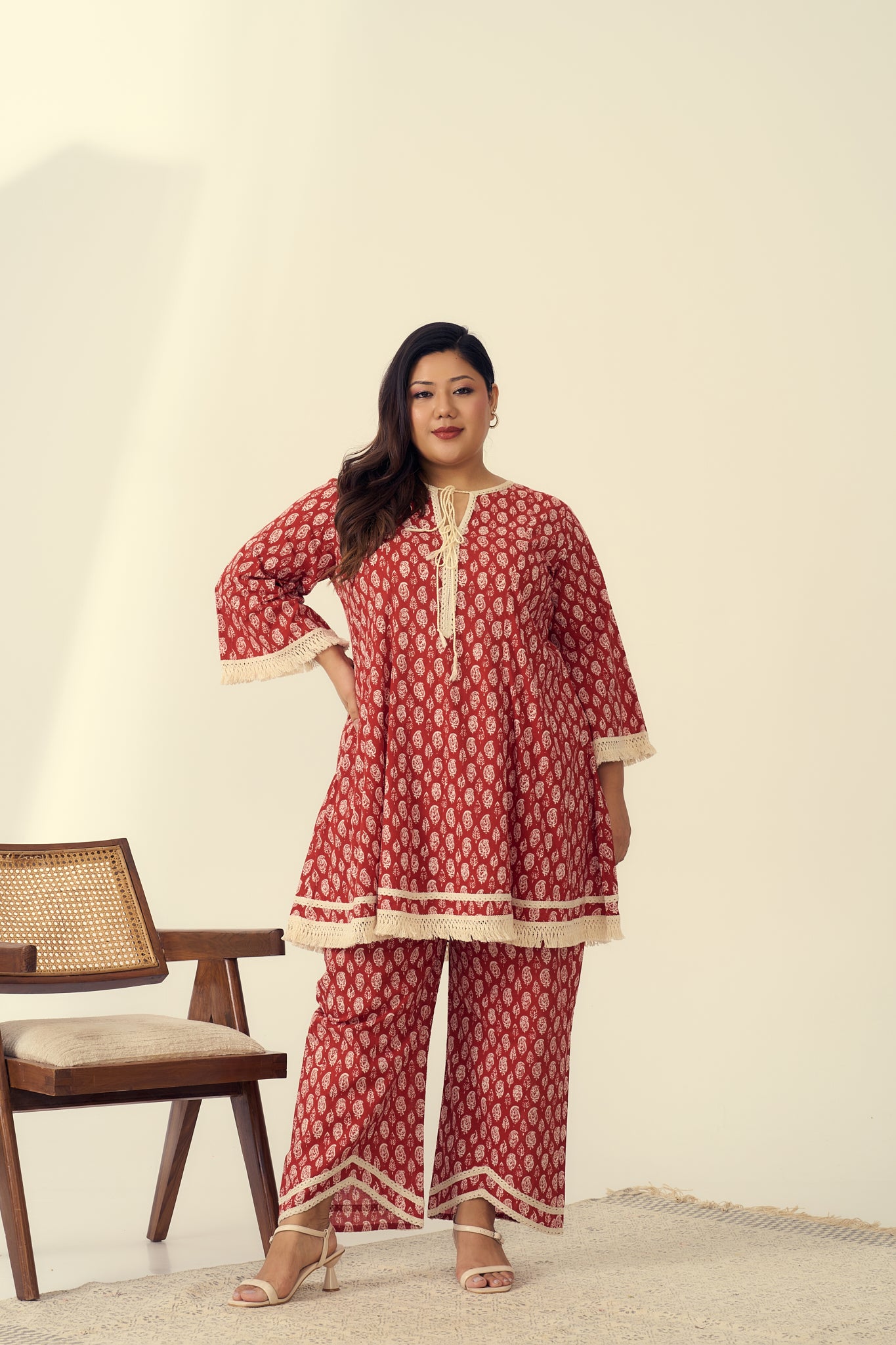 Red Boho Co-ord Set With Fringe Detailing