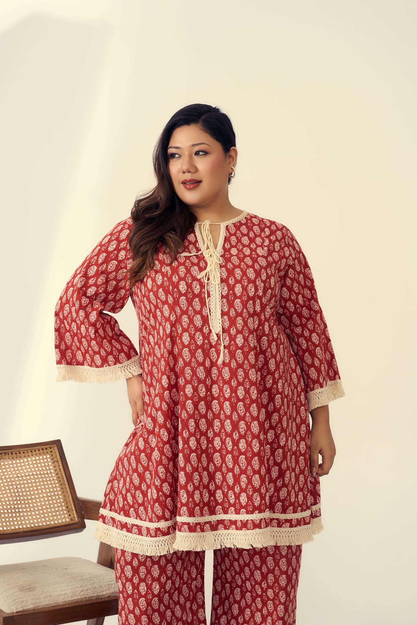 Red Boho Co-ord Set With Fringe Detailing