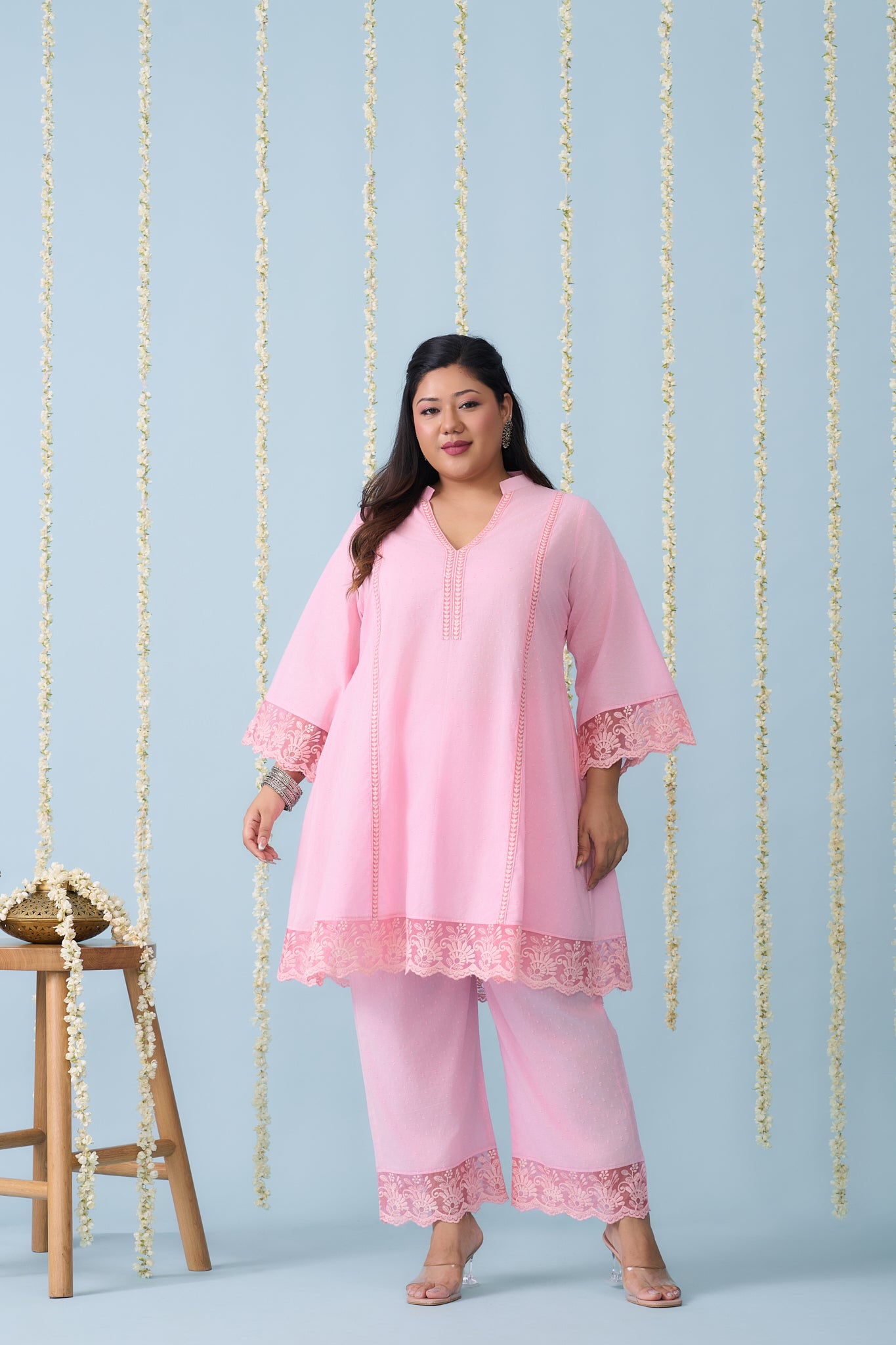 Baby Pink Festive Co-ord Set With Crochet Organza Lace