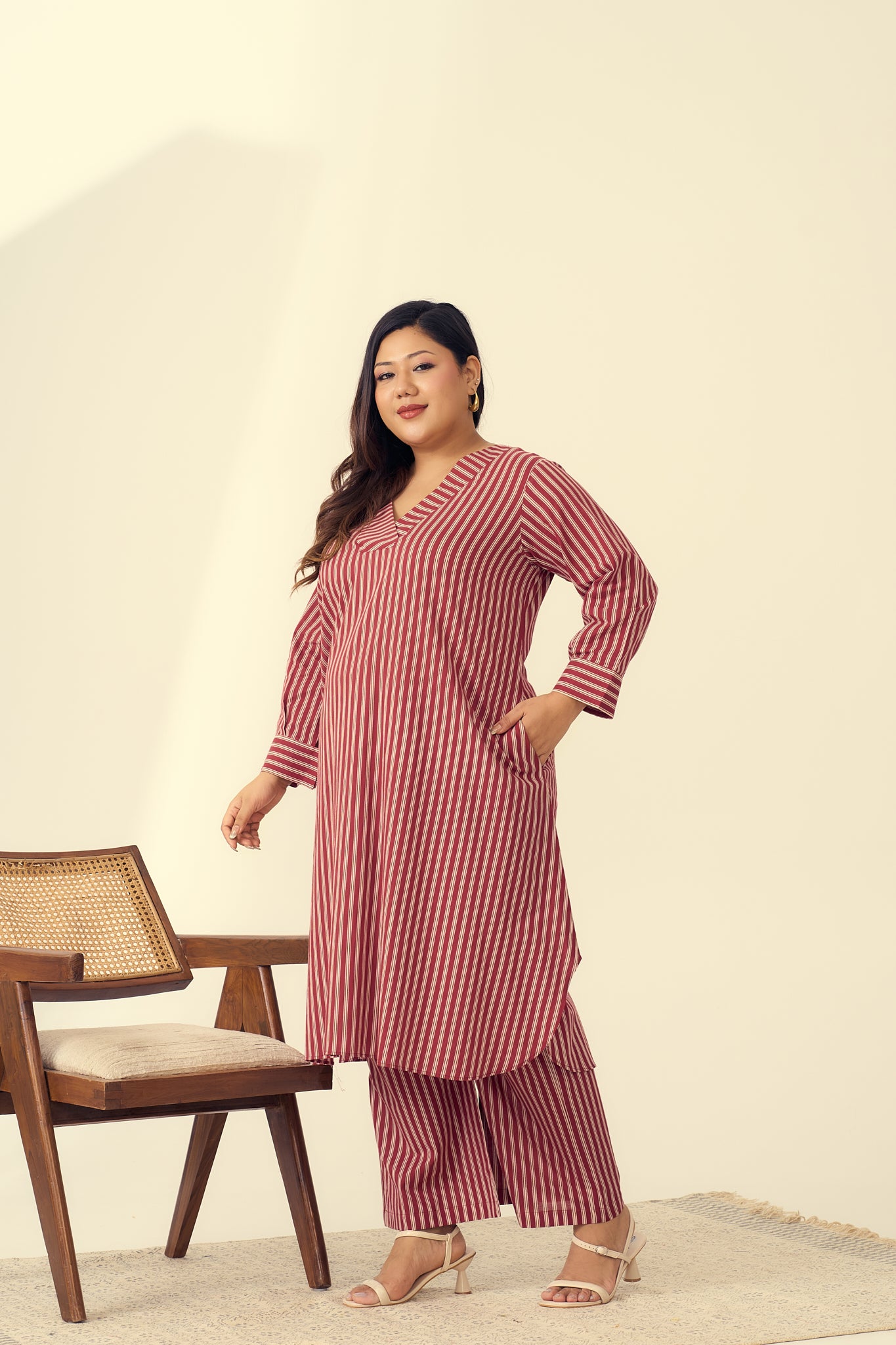 Deep Red Striped Cotton Co-ord Set