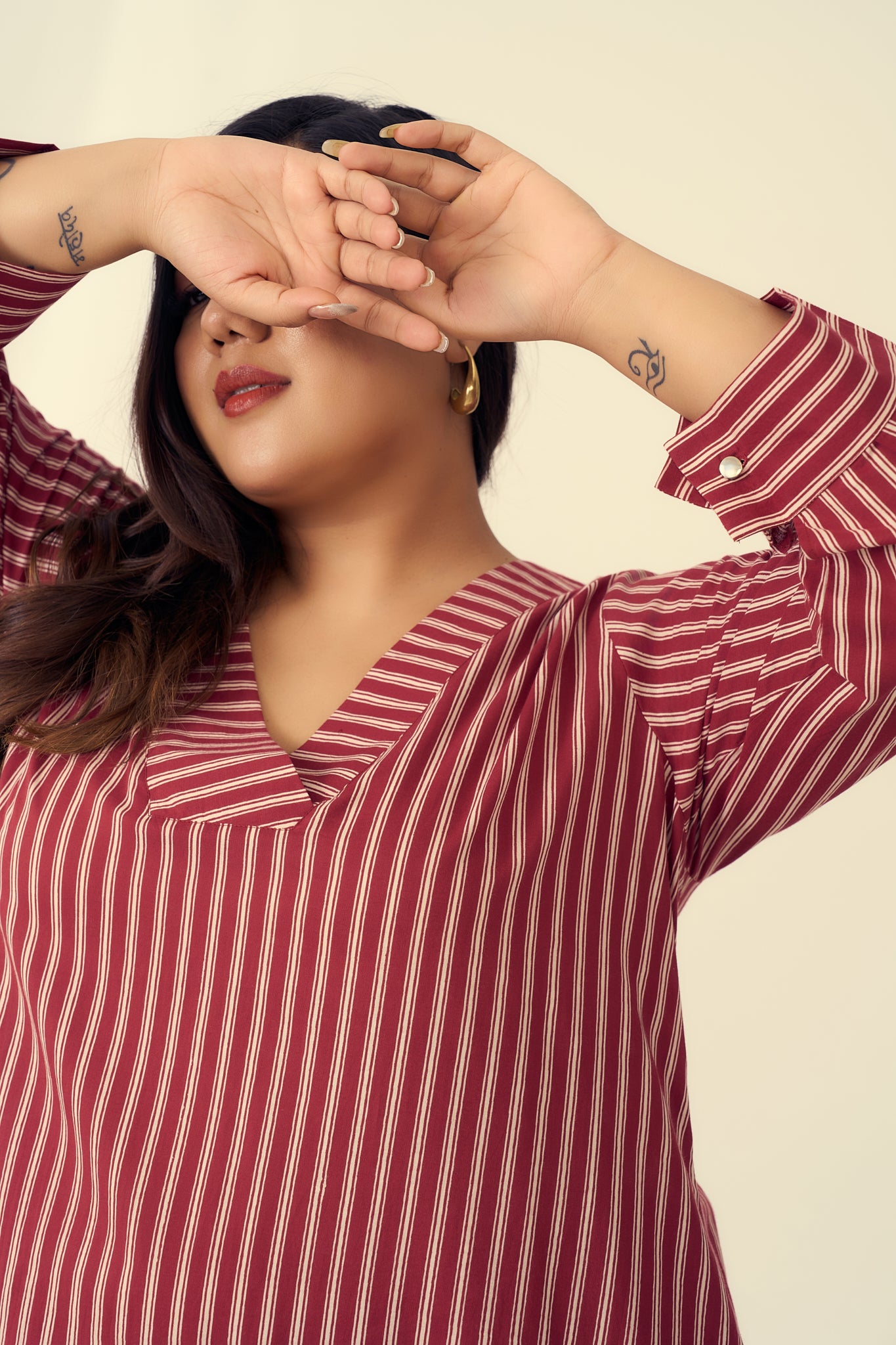 Deep Red Striped Cotton Co-ord Set