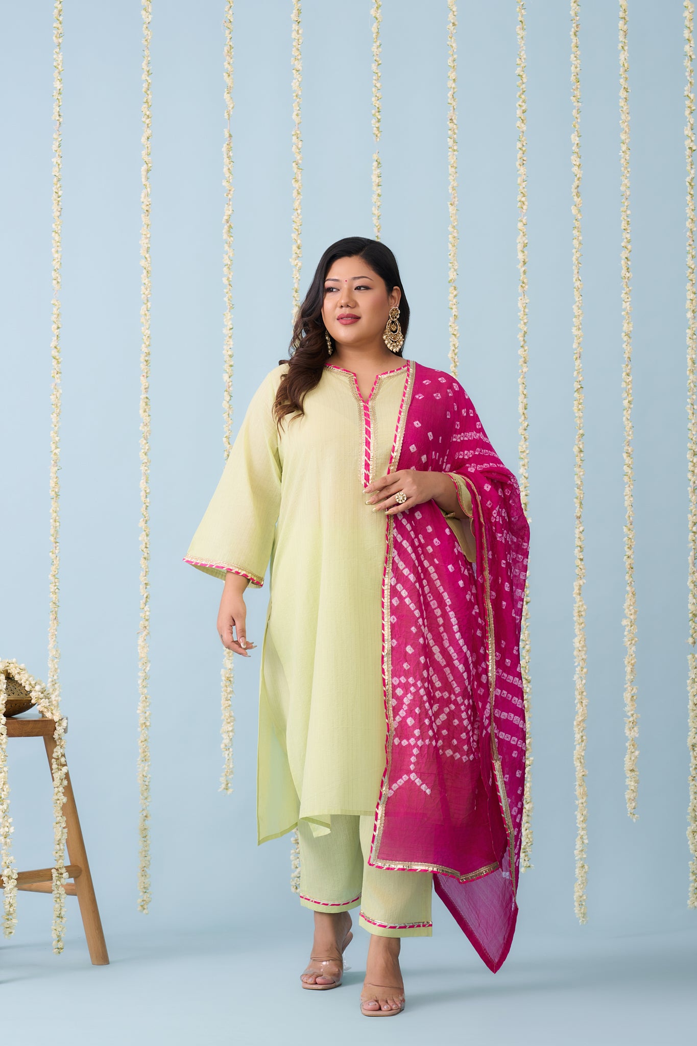 Lime Kurta Suit Set with Pink Bandhani Dupatta