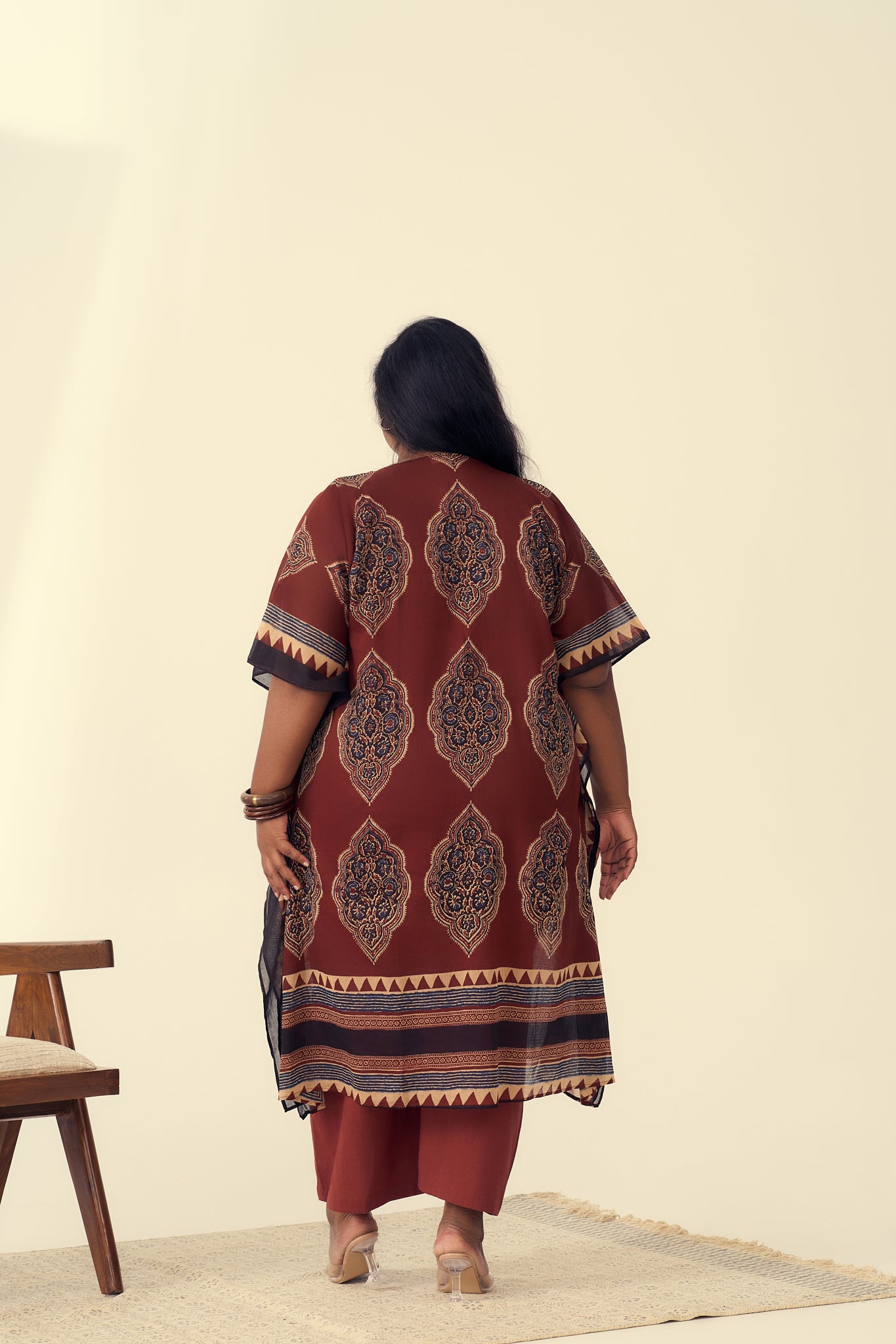 Rust Kaftan Co-ord Set With Ethnic Print