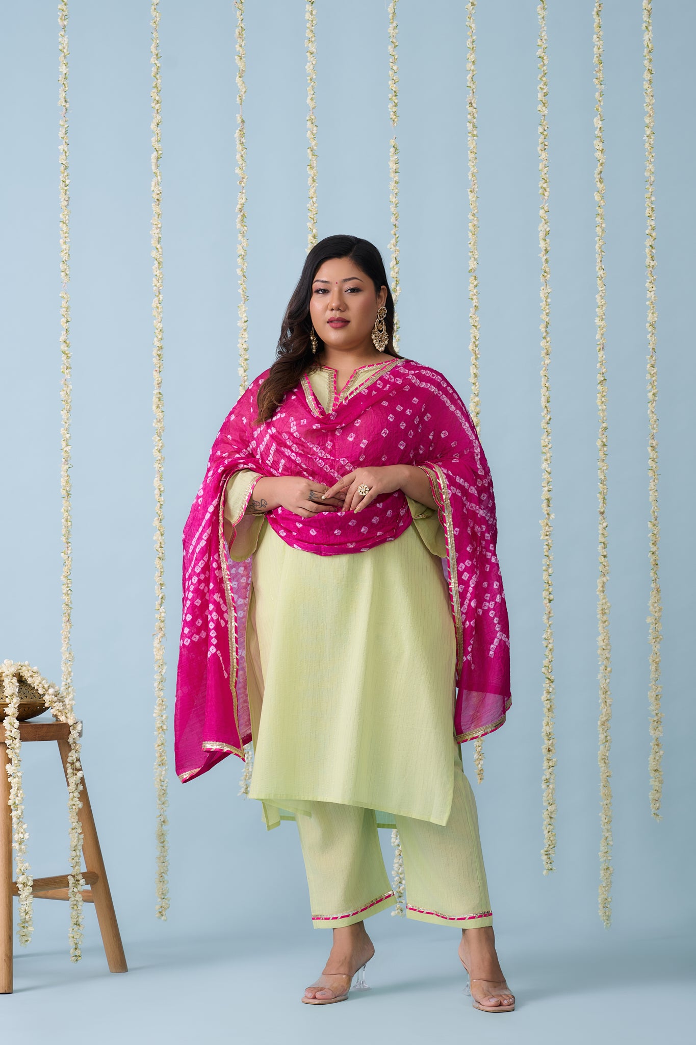 Lime Kurta Suit Set with Pink Bandhani Dupatta