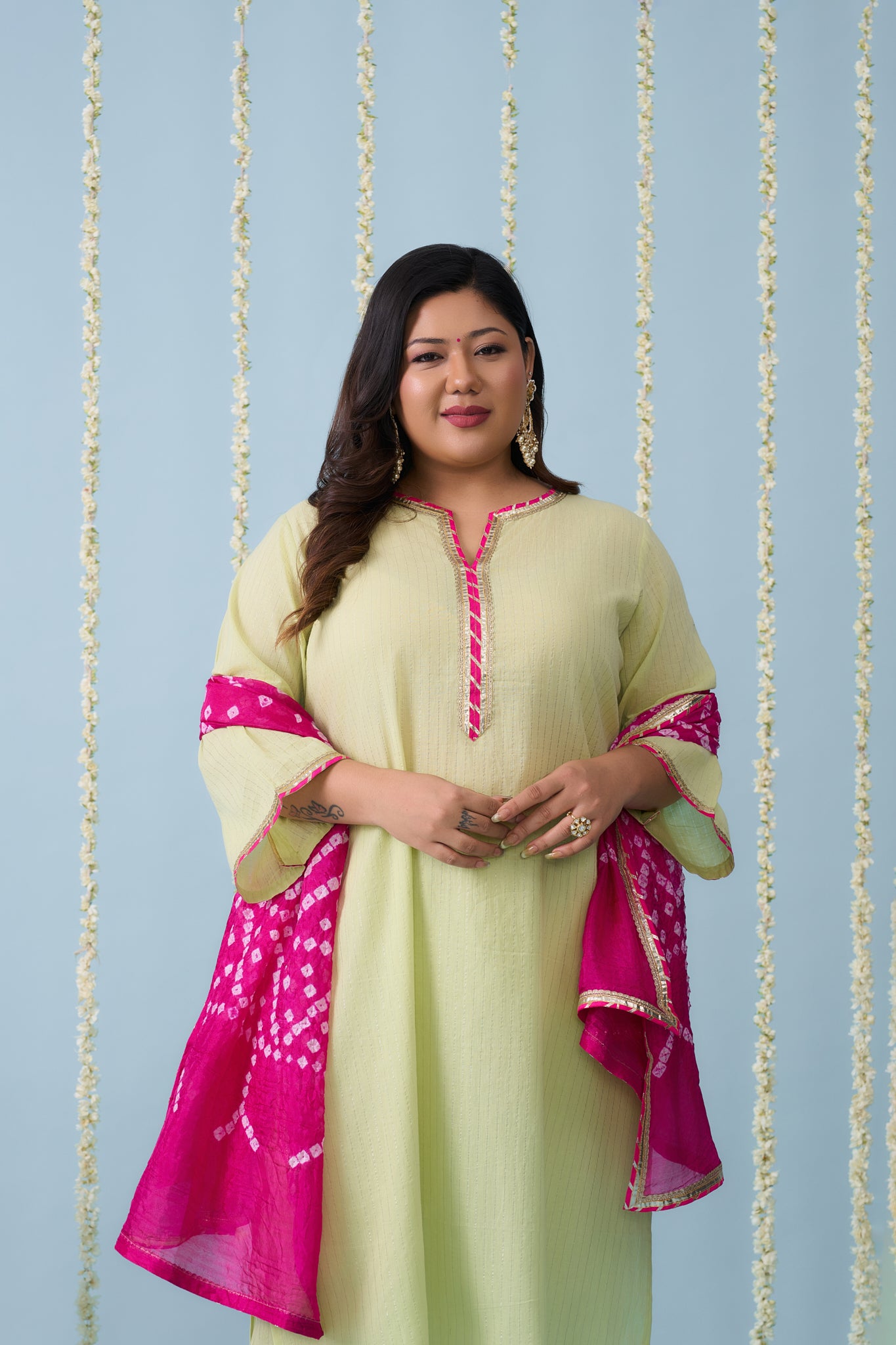 Lime Kurta Suit Set with Pink Bandhani Dupatta
