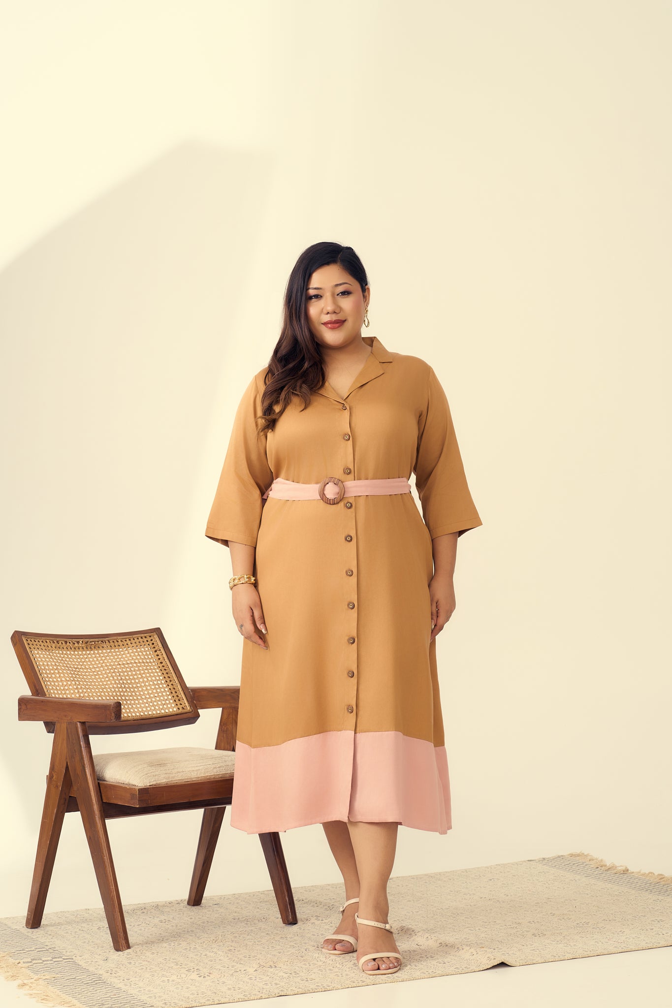 Sand And Blush Satin Color Blocked Dress