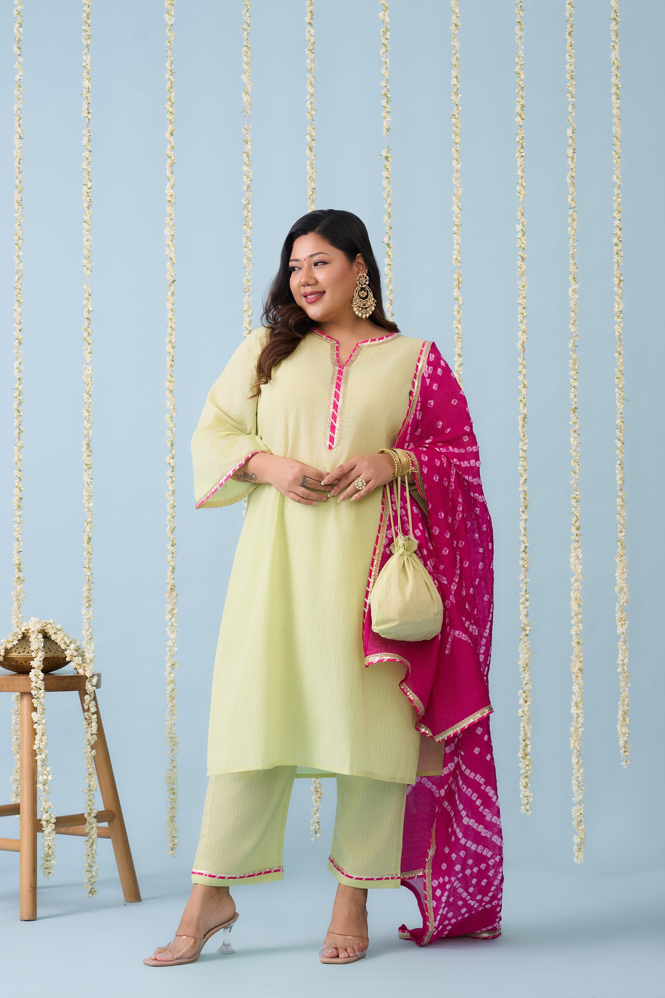 Lime Kurta Suit Set with Pink Bandhani Dupatta