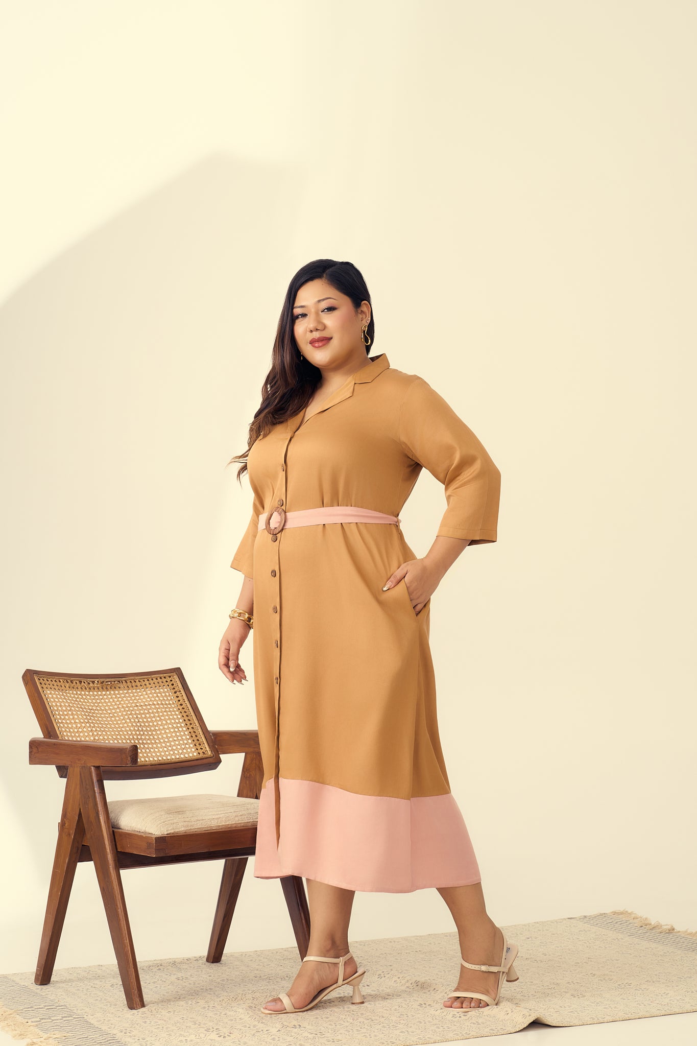 Sand And Blush Satin Color Blocked Dress