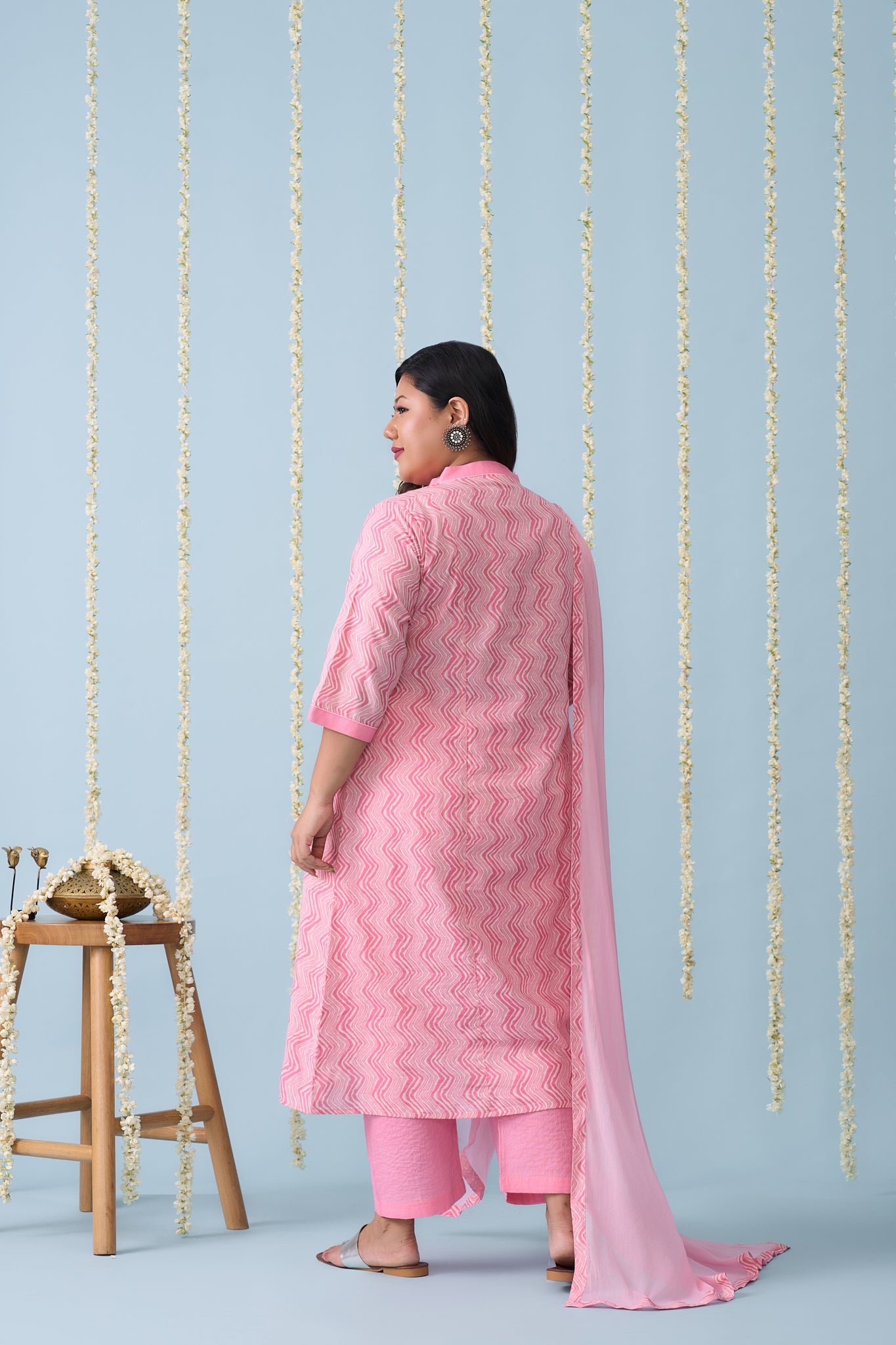 Pink Chevron Cotton Kurta Suit Set (3 Pc)