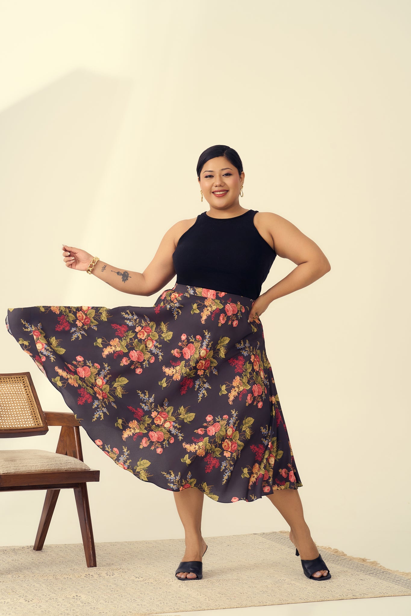Floral A-line Midi Muslin Skirt