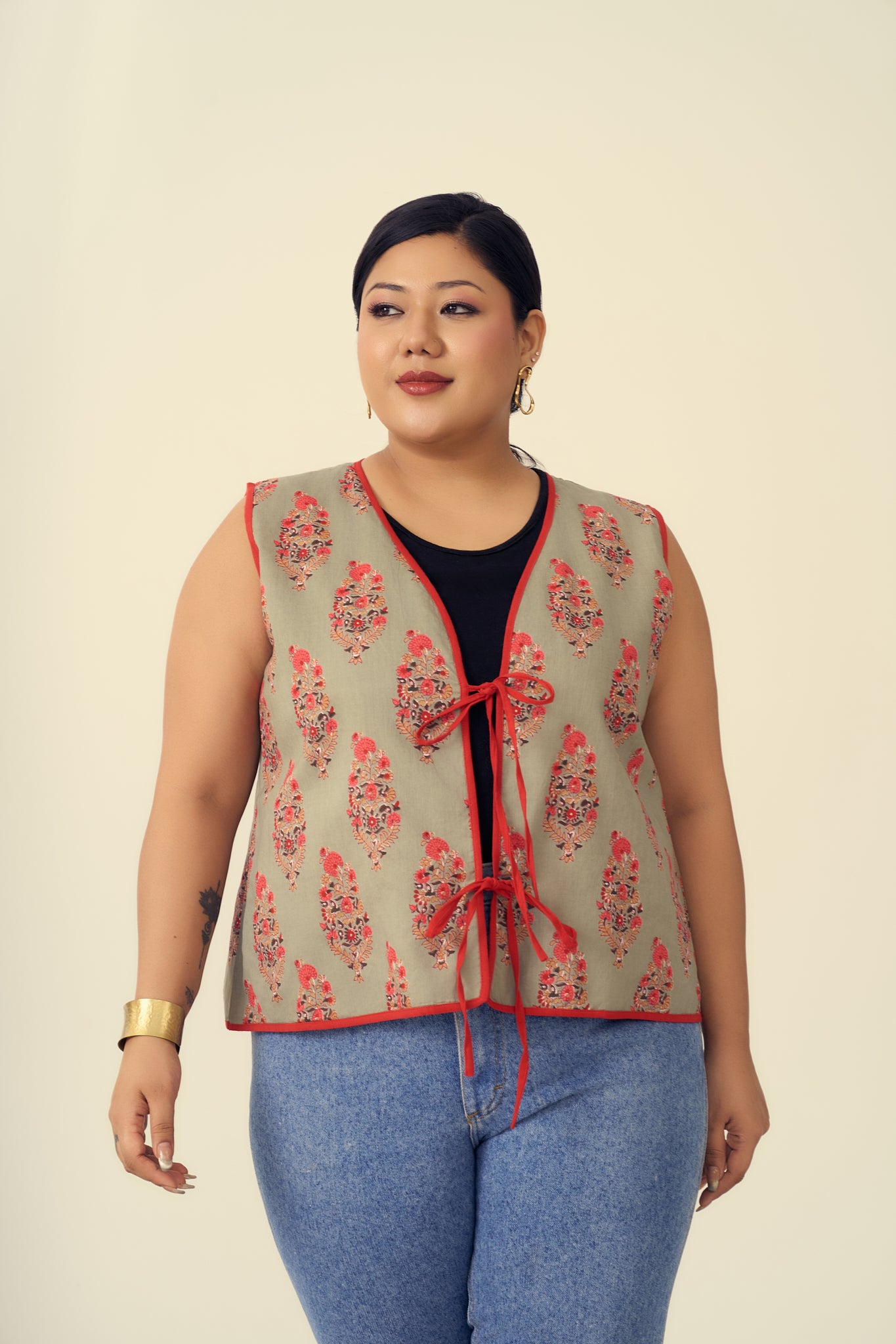 Olive and Coral Sleeveless Cotton Jacket