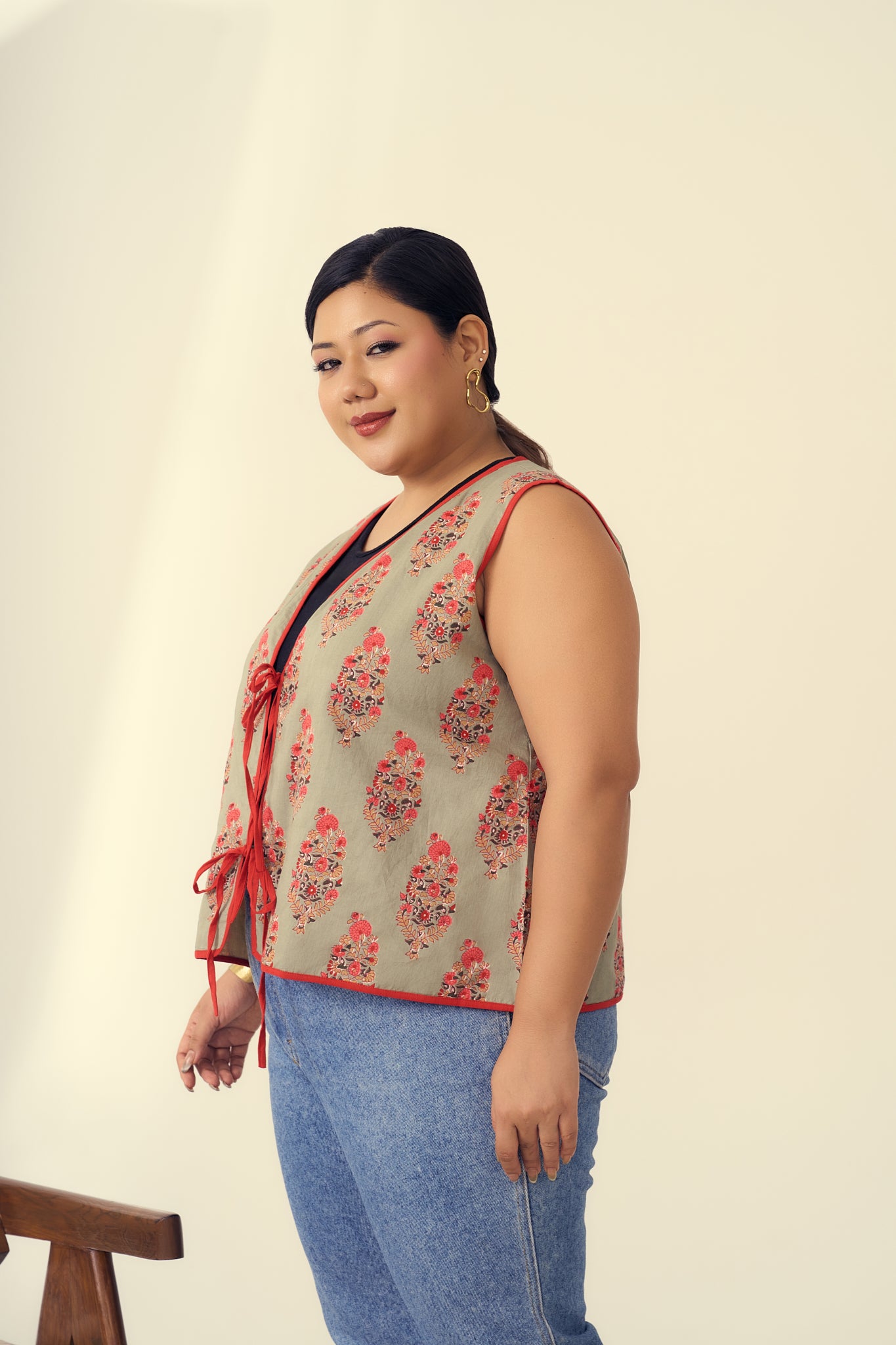 Olive and Coral Sleeveless Cotton Jacket