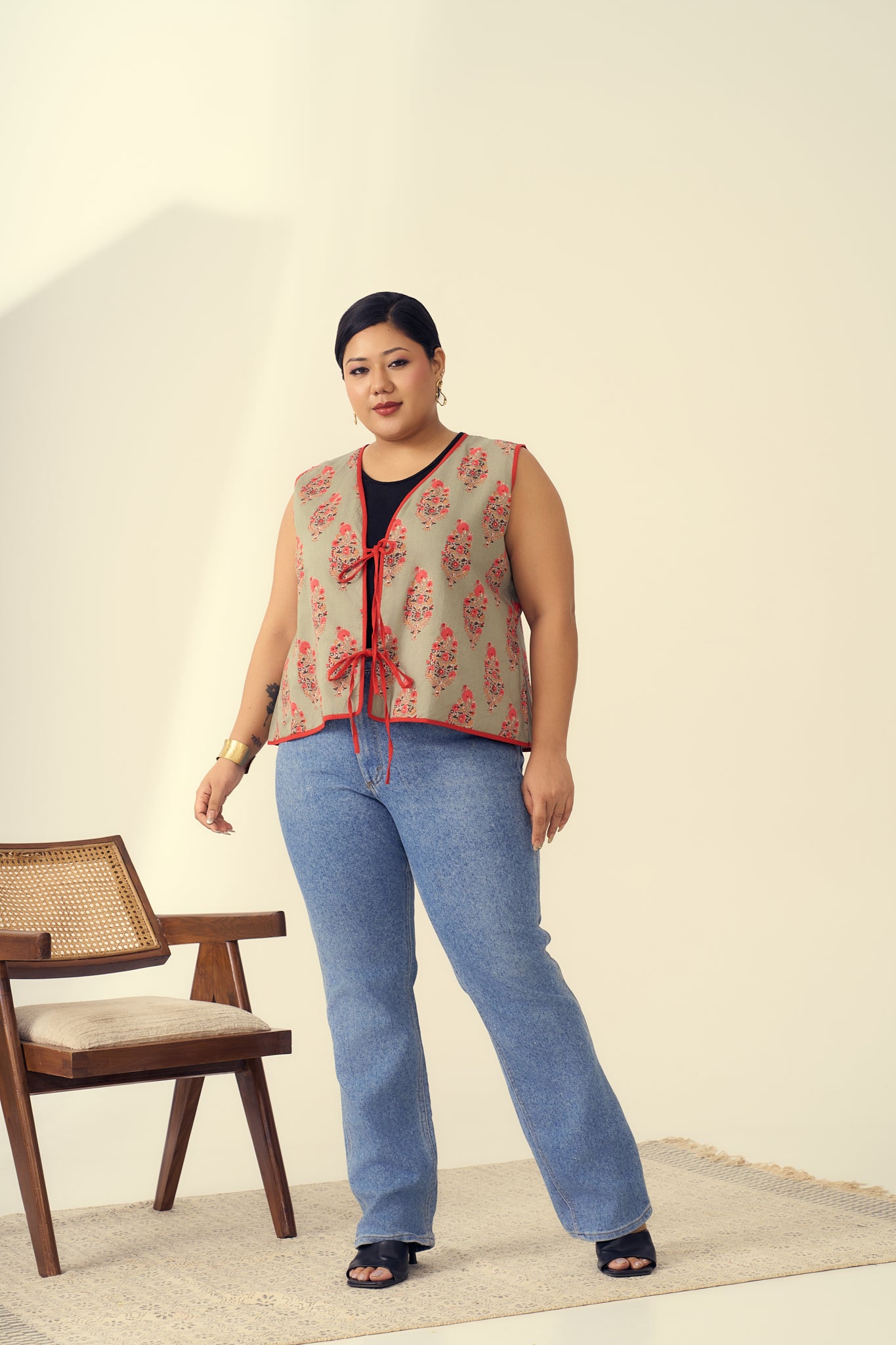 Olive and Coral Sleeveless Cotton Jacket