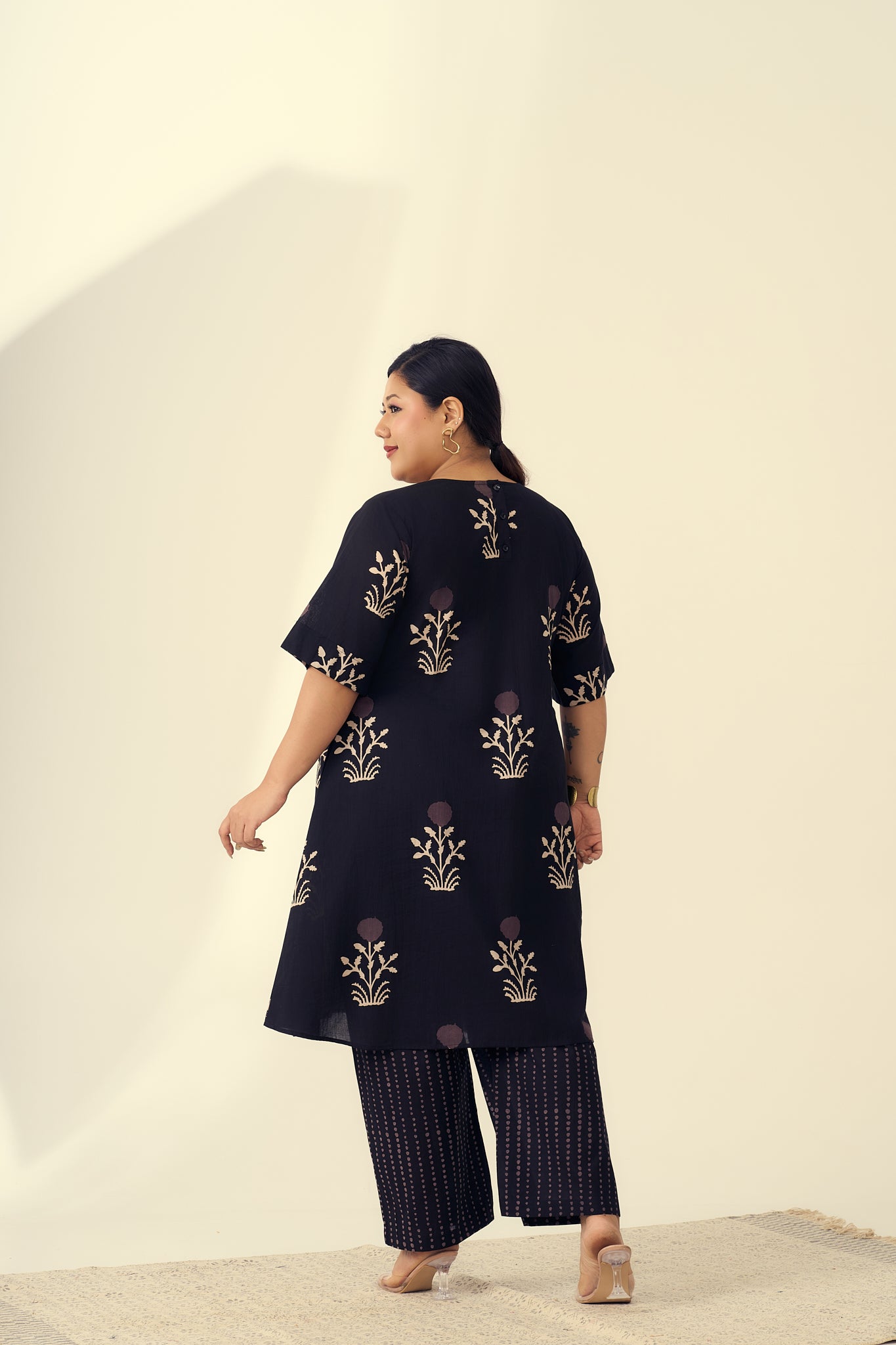 Black Bagru Print Boota & Stripes Co-ord set